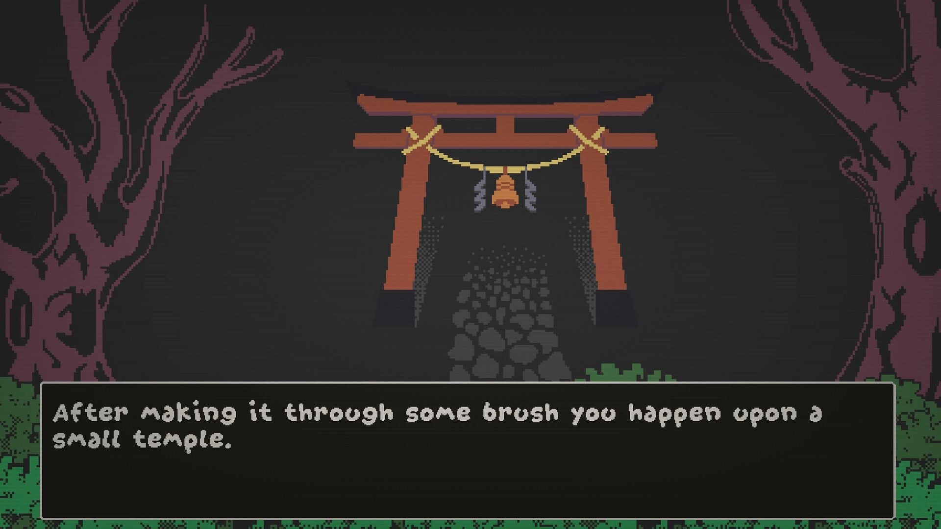 Ribbit Rogue: Event text box about finding a small temple beneath a torii gate in dark woods.
