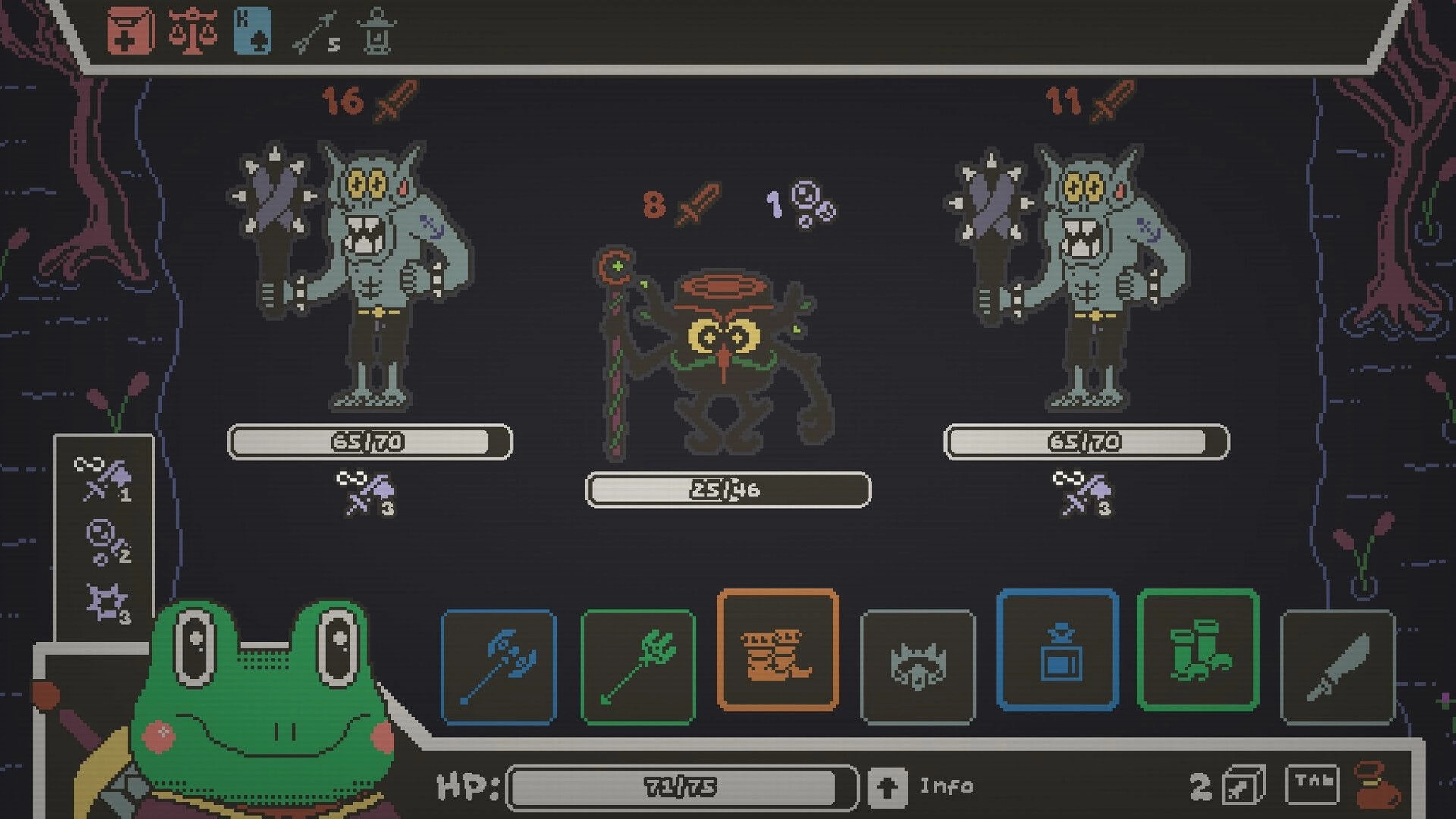Ribbit Rogue: Frog hero in combat UI facing two club ogres and a vine idol in a dark swamp cave.
