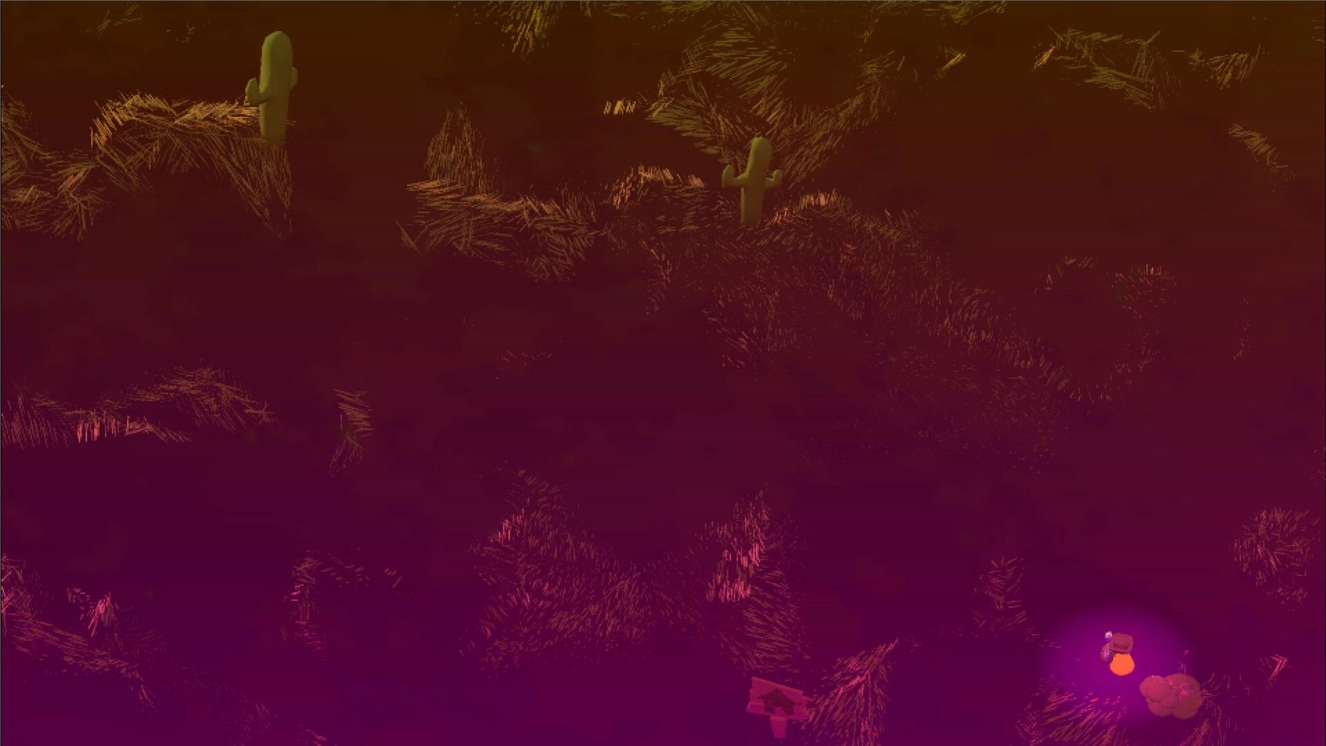 Rich River: Player character explores desert landscape with cacti, carrying a glowing lantern at night.