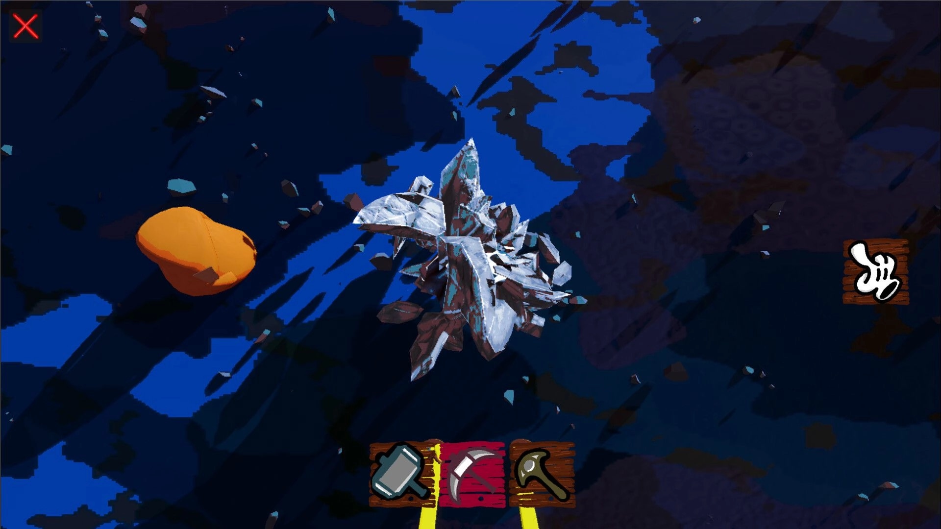 Rich River: Harvesting crystals in a rocky desert with tool icons and hand cursor on the interface