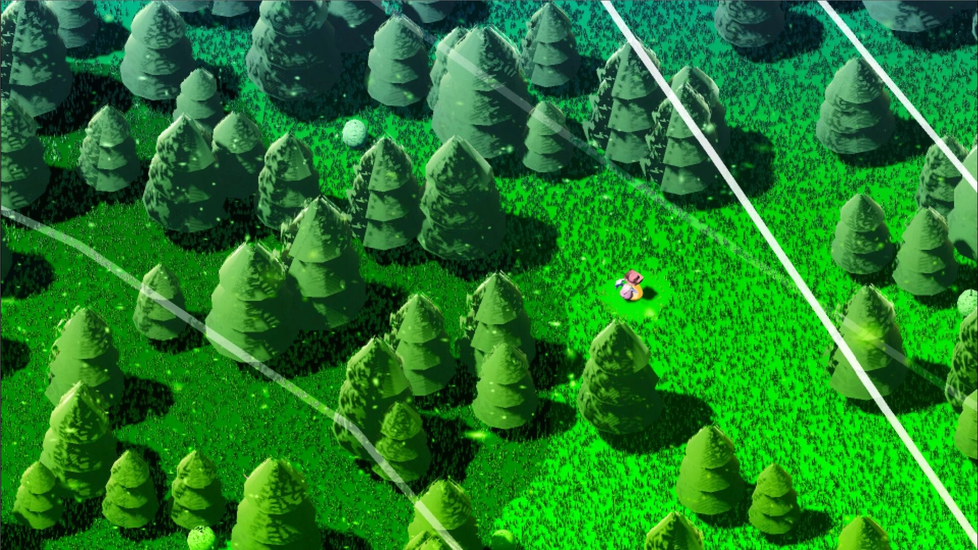 Rich River: Character exploring a dense, vibrant forest with scattered sunlight illuminating the area