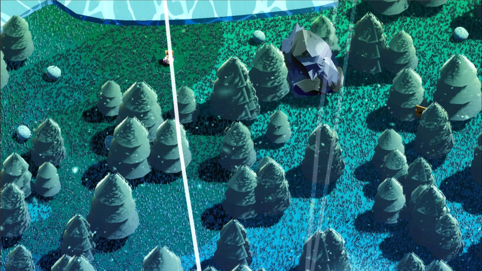 Rich River: Overhead view of forest with trees and rocky terrain, character exploring near boulders