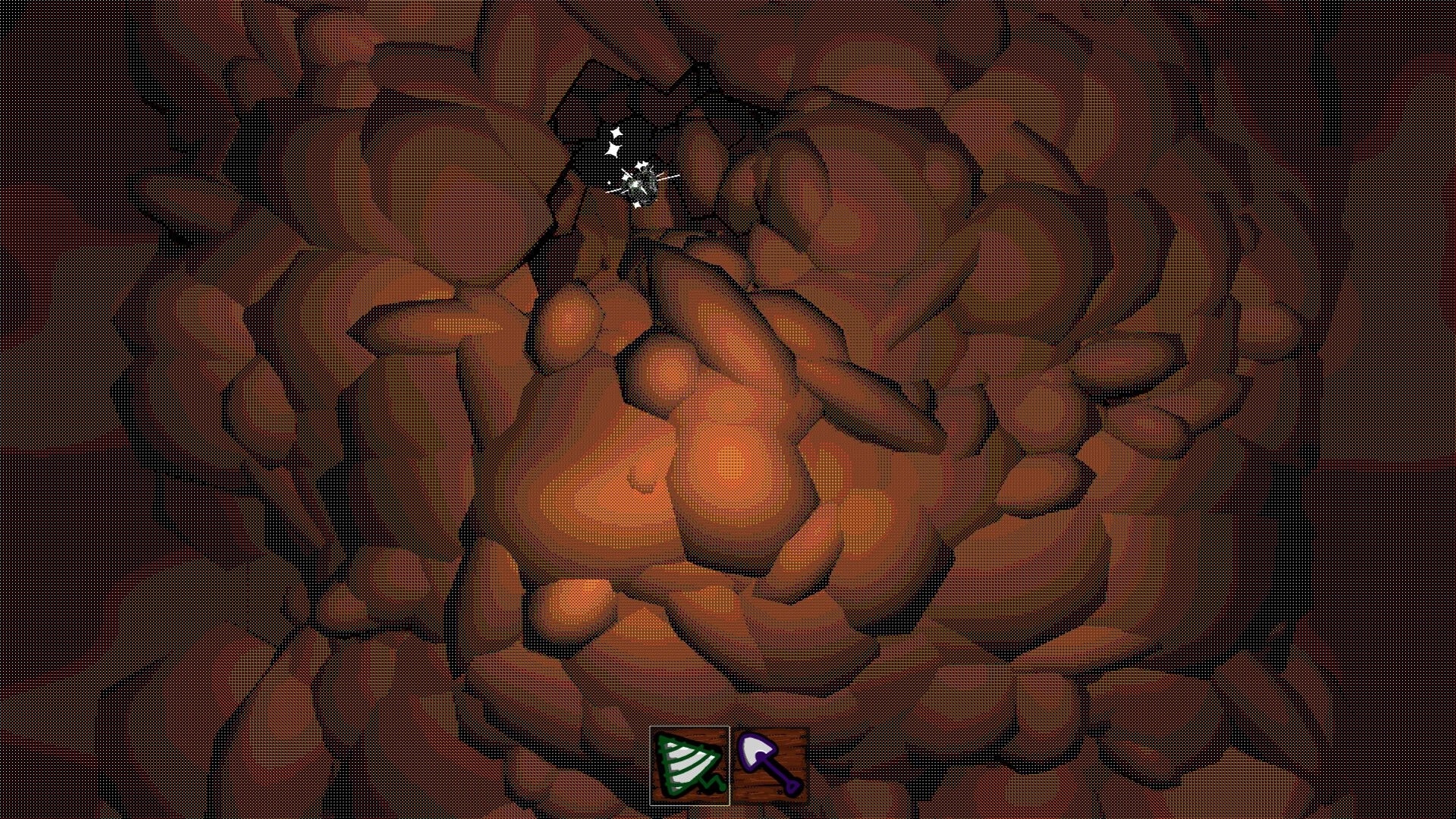 Rich River: Digging into rocky terrain with drill and shovel icons at the bottom in a desert setting
