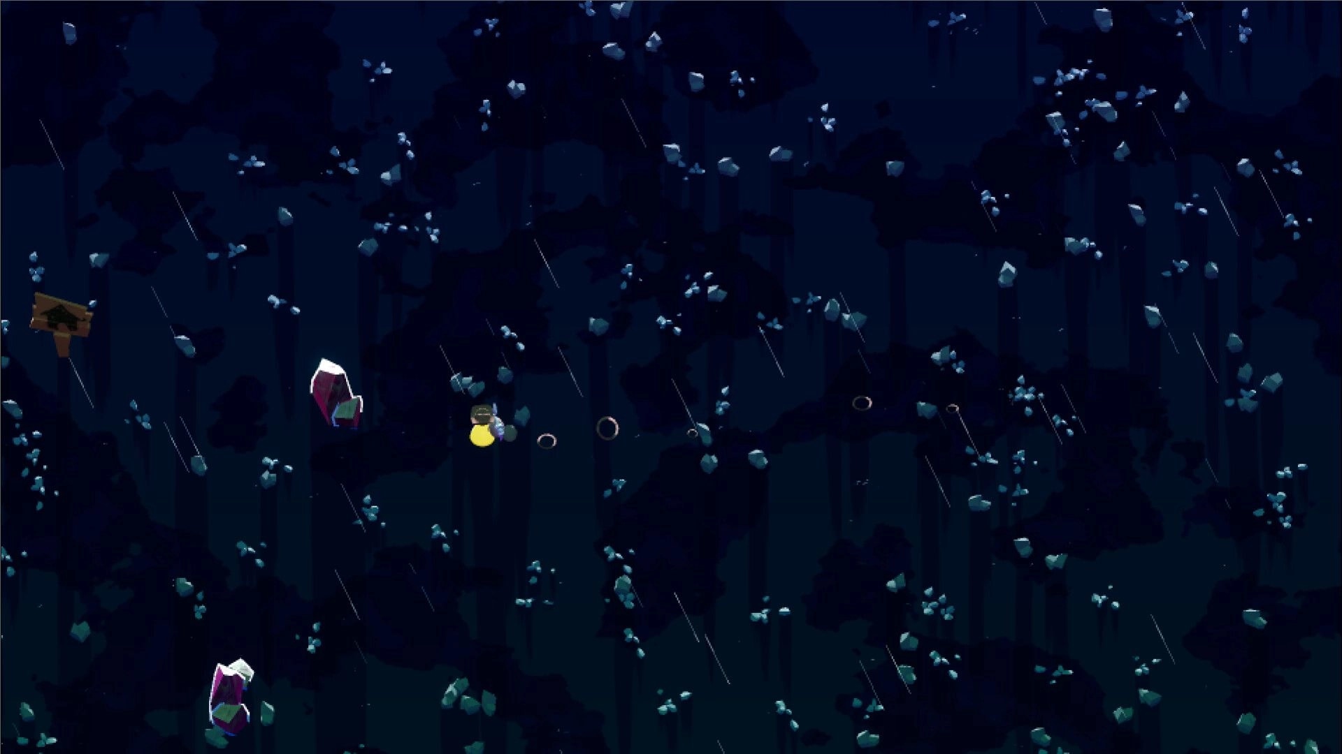 Rich River: Character exploring dark rocky terrain under rain with scattered gems and a wooden sign nearby