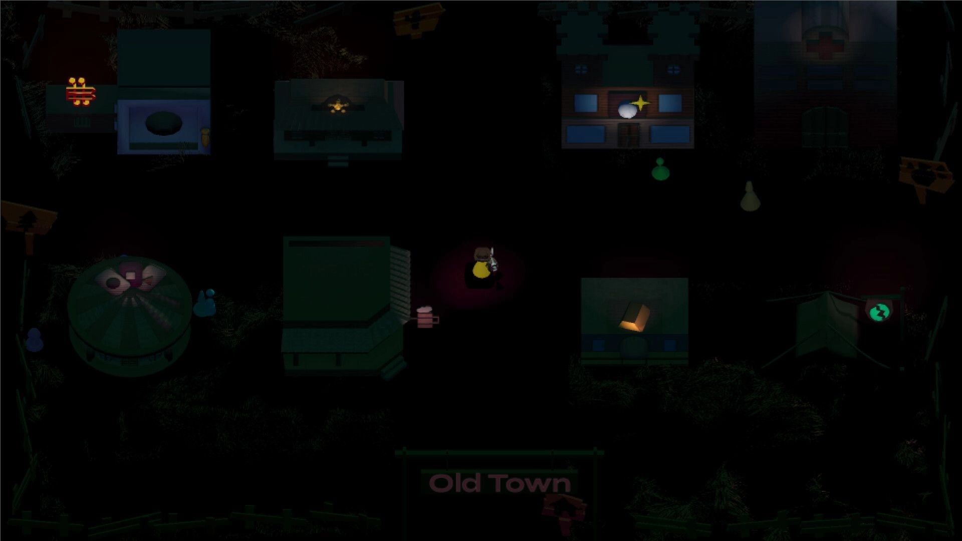 Rich River: Player character with a lantern explores dark town square surrounded by various buildings.