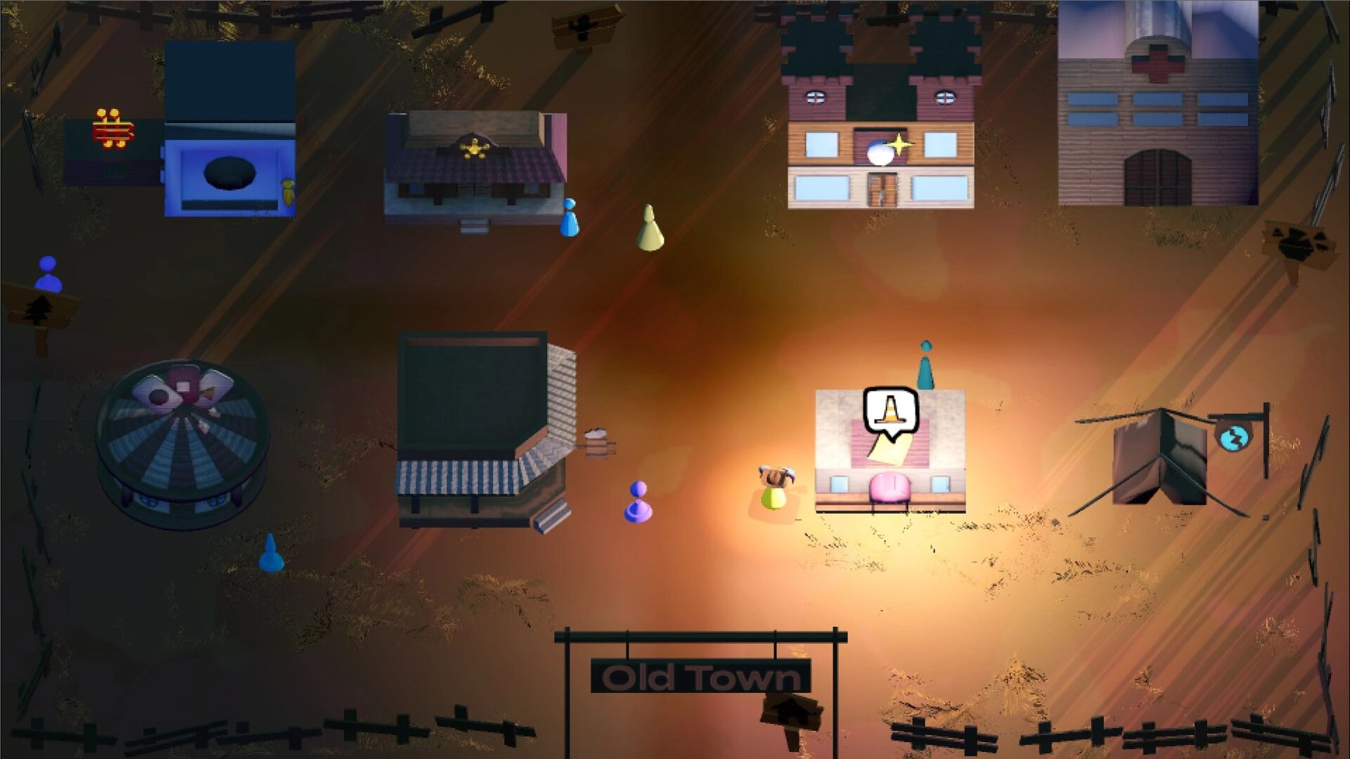 Rich River: Overhead view of Old Town with characters, buildings, and a notification icon in the desert.