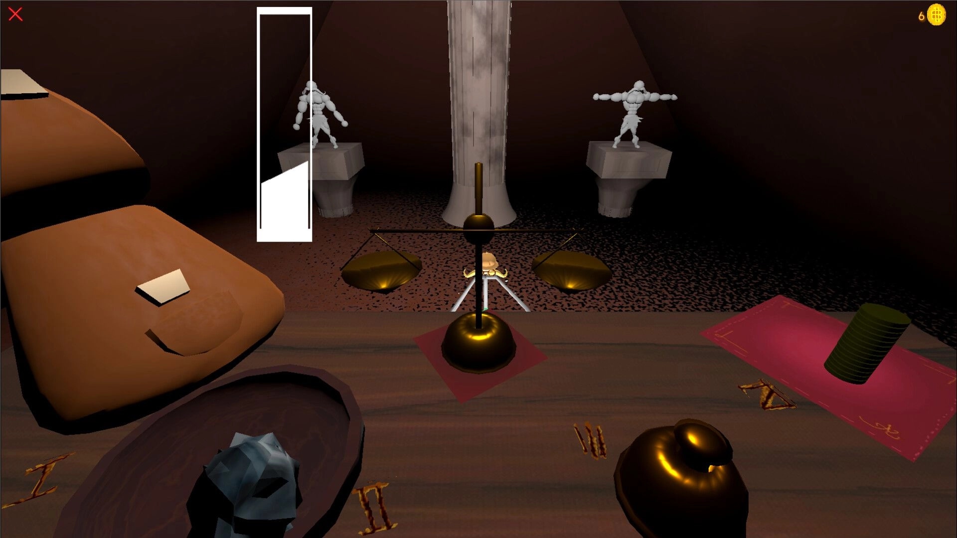 Rich River: Balance scale with coins and artifact in rustic room setting with stone statues