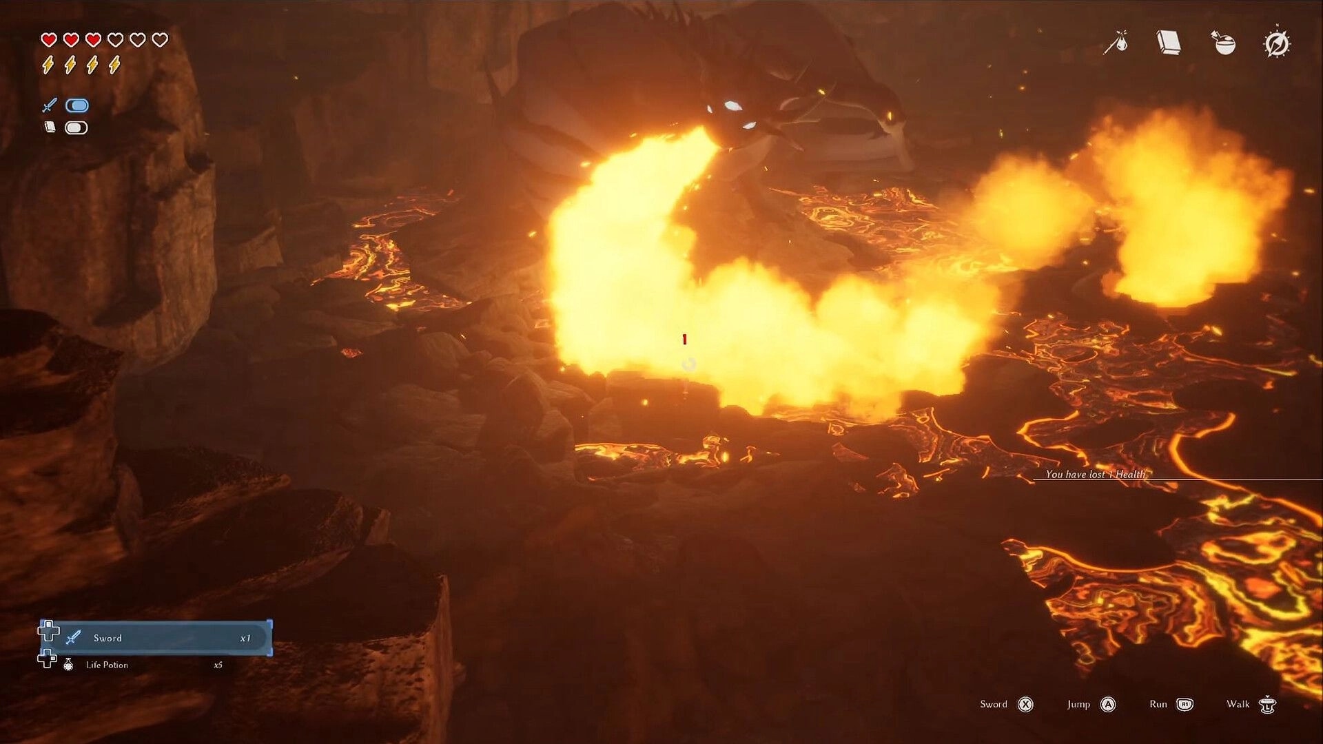 Riddledale: Dragon breathing fire over lava as health and inventory indicators display on screen