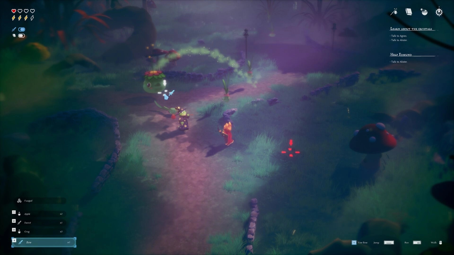 Riddledale: Character faces plant creature in misty forest path with inventory and quest UI elements shown.