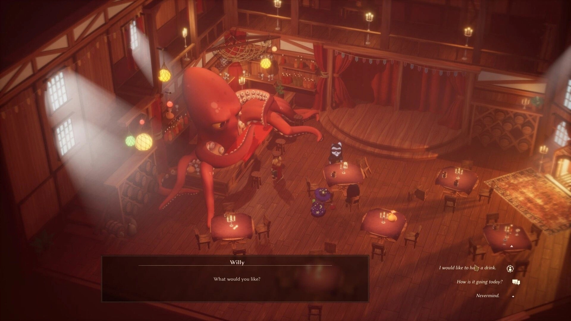 Riddledale: Giant octopus bartender serves adventurers in a cozy tavern with warm lighting and decor.