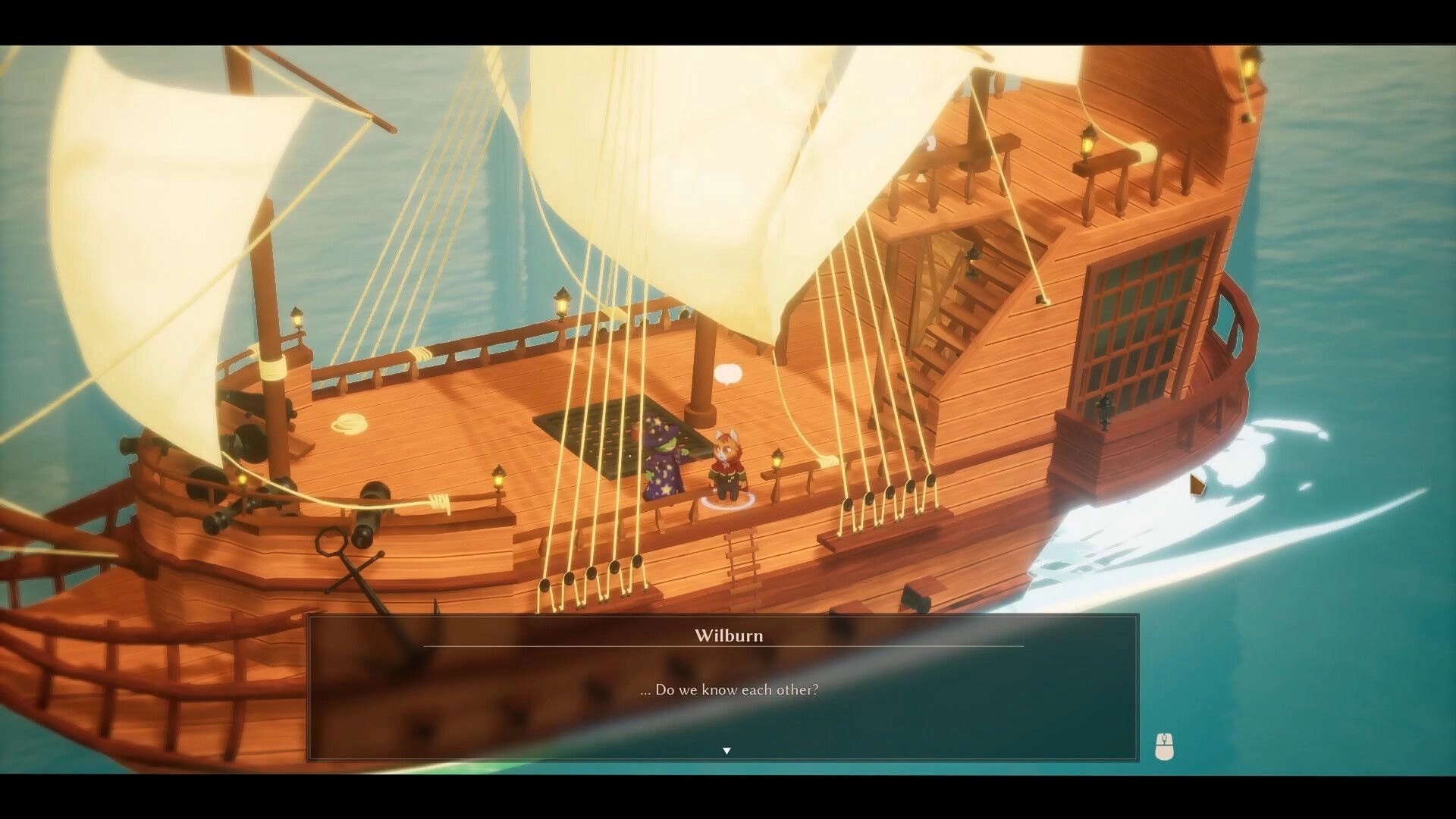 Riddledale: Wilburn converses with a wizard on a wooden ship sailing through calm ocean waters.
