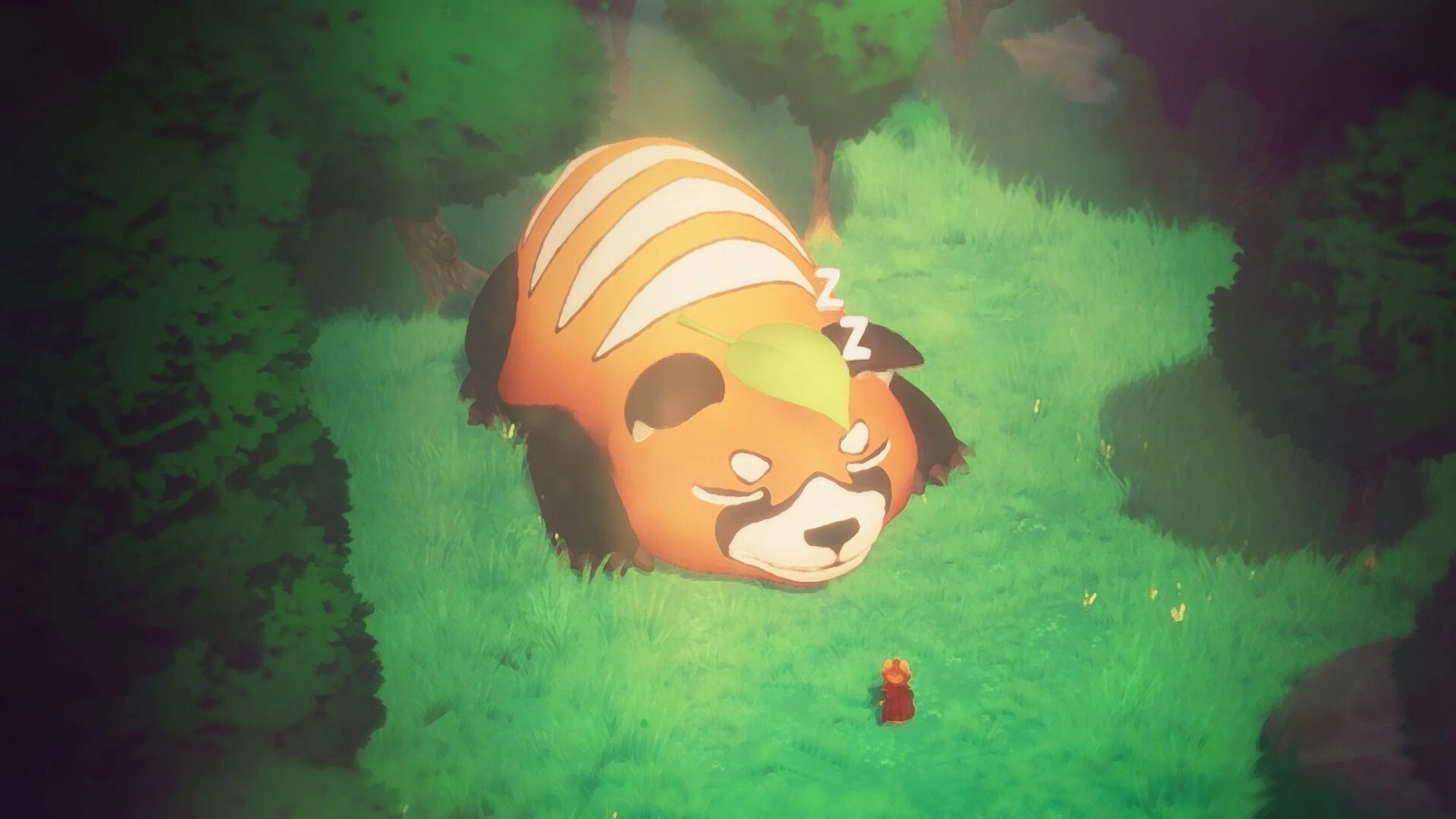 Riddledale: Player encounters a giant sleeping creature in a lush forest clearing surrounded by trees.