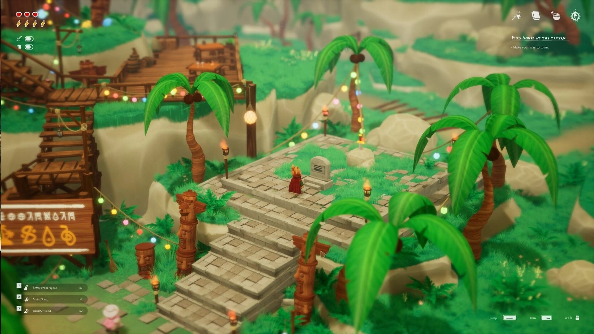 Riddledale: Character examining stone tablet in lush island setting with palm trees and wooden bridges