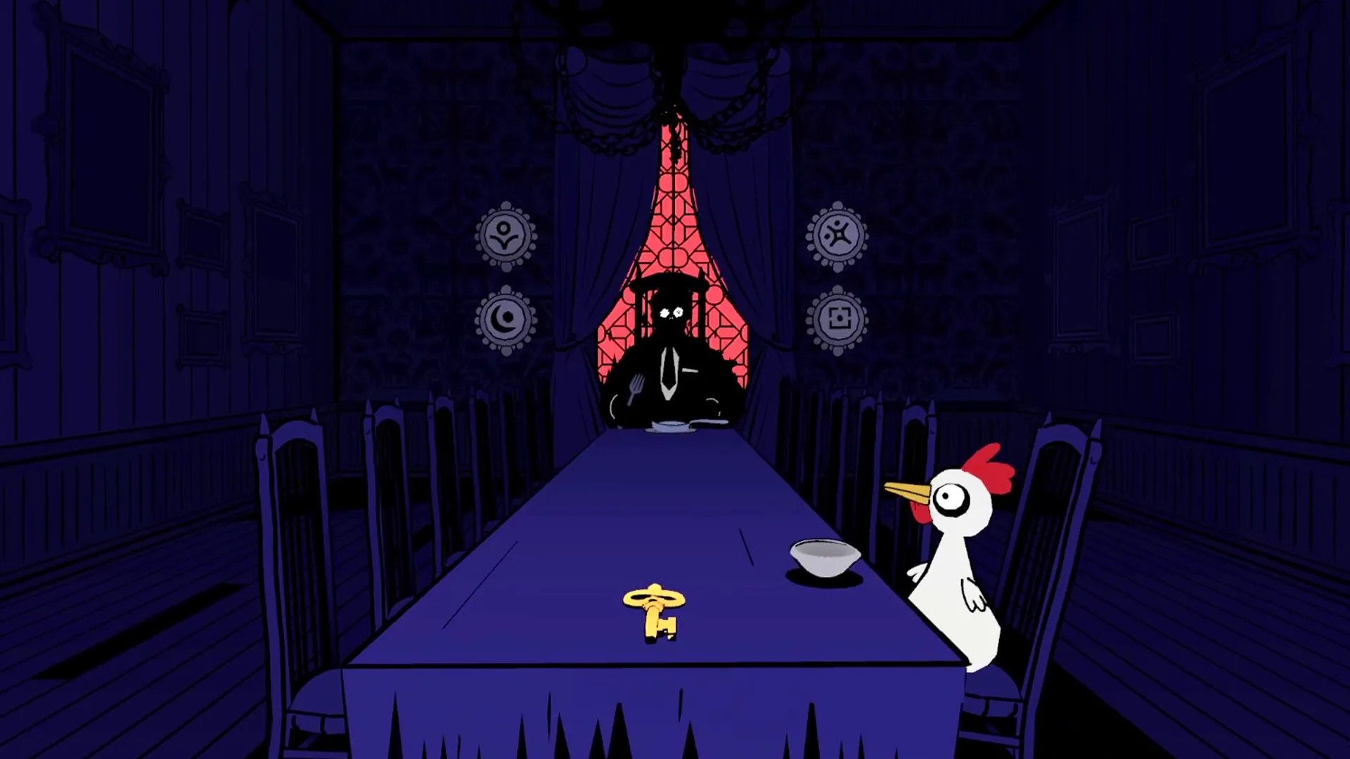 Riddlewood Manor: Chicken character sits at spooky dining table with key and shadowy figure in background