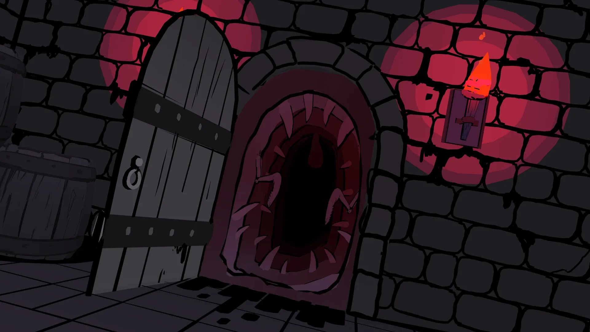 Riddlewood Manor: Dark hallway with an ominous, open door resembling a gaping mouth in stone walls.