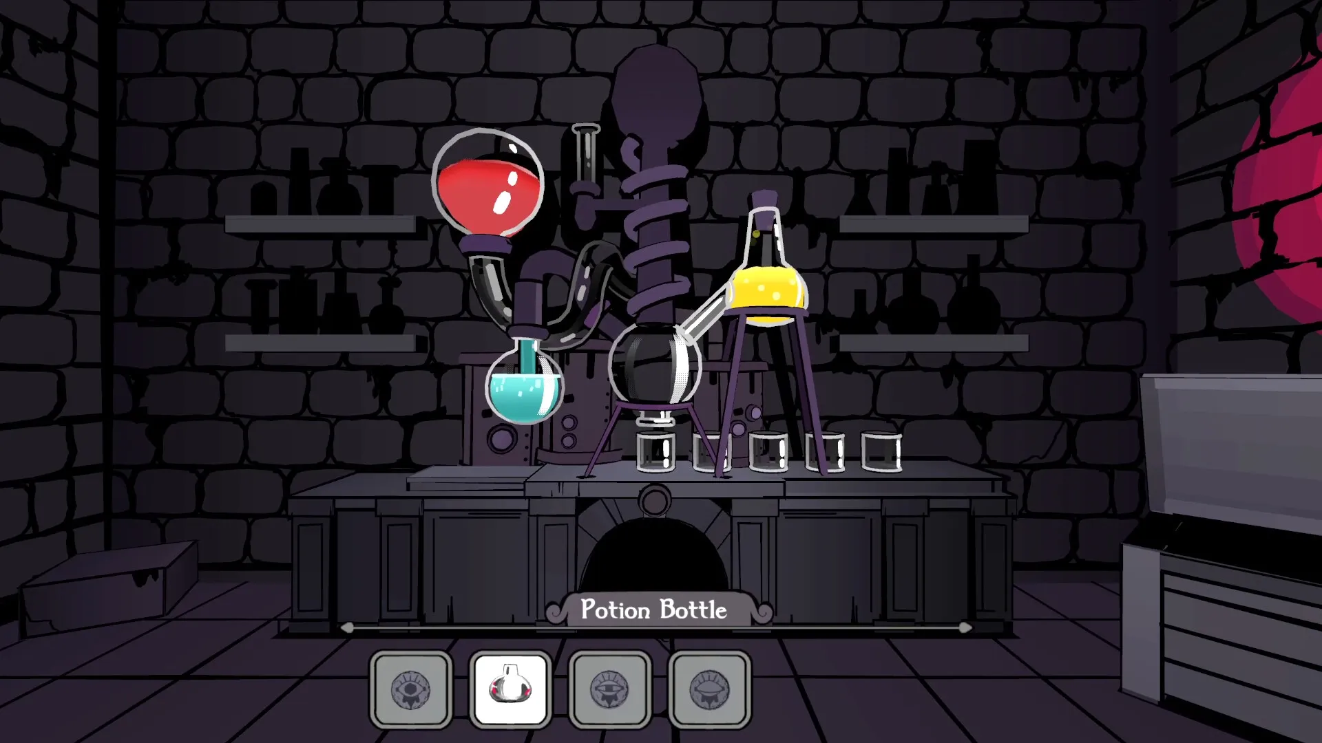 Riddlewood Manor: Alchemy lab with colorful potion bottles and a potion crafting interface displayed