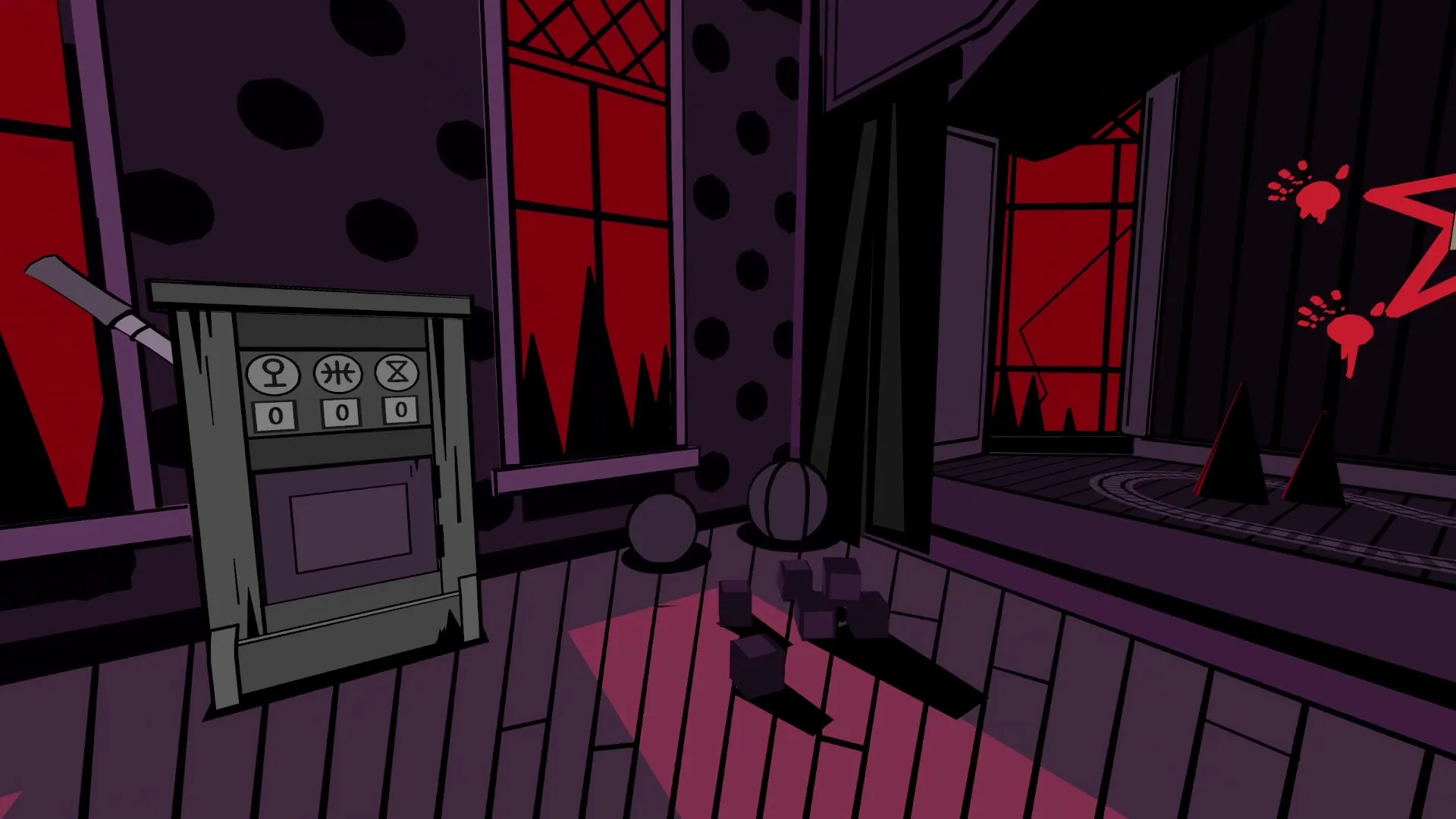 Riddlewood Manor: Puzzle mechanism with symbols and lever in a dark, eerie room with red-tinted windows