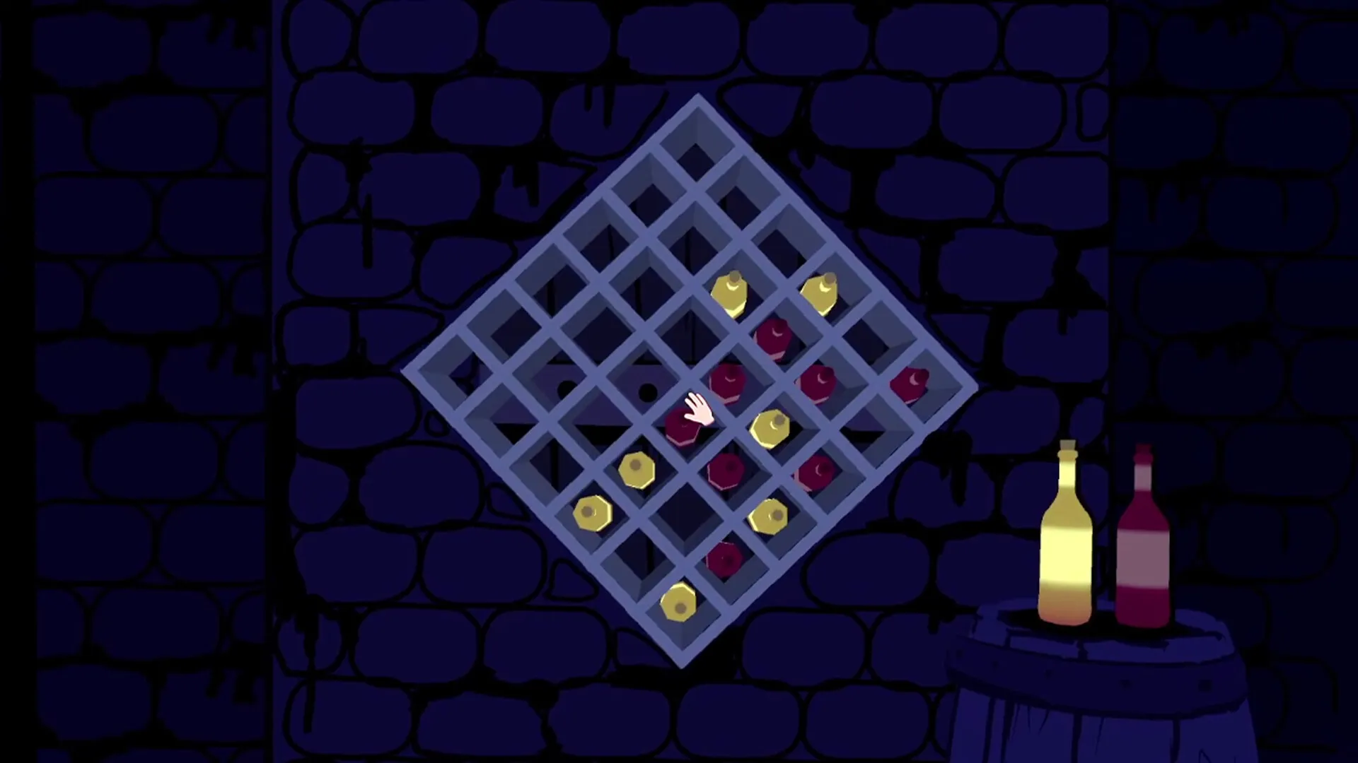 Riddlewood Manor: Player interacting with a wine rack puzzle in a dimly lit stone cellar.