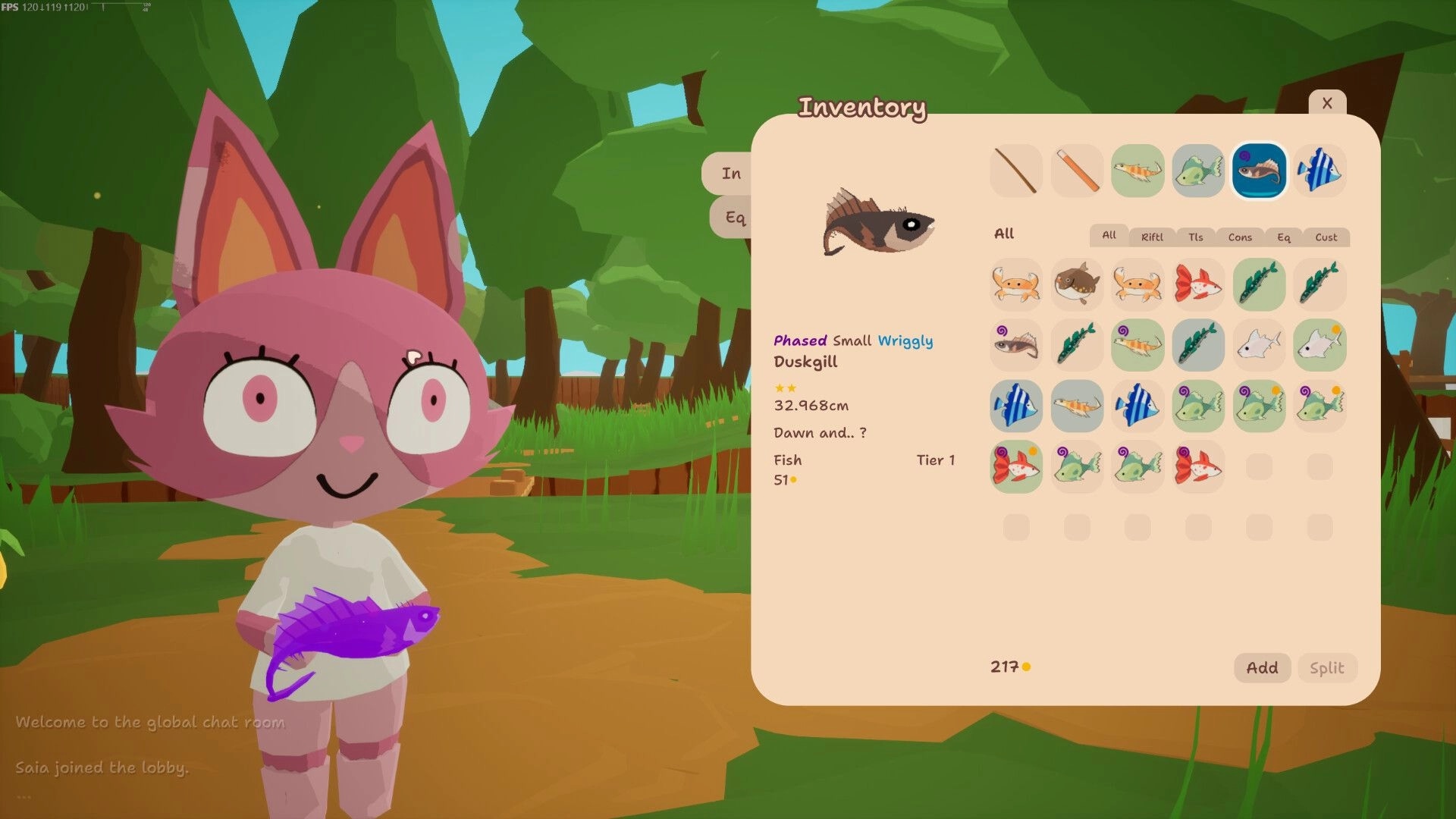 Rift Fishing: Pink cat character holds purple fish, inventory menu open in lush forest environment