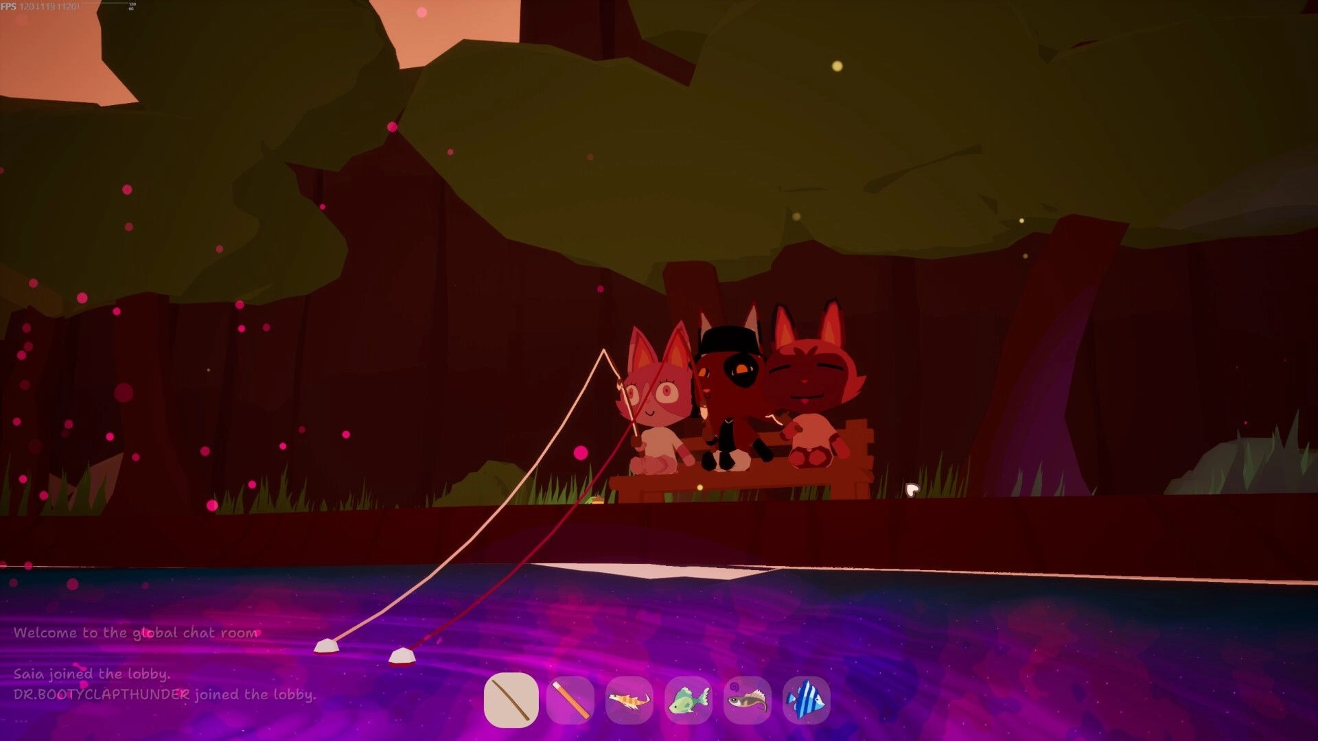 Rift Fishing: Three characters sitting by a forest stream with fishing lines; chat and inventory visible.