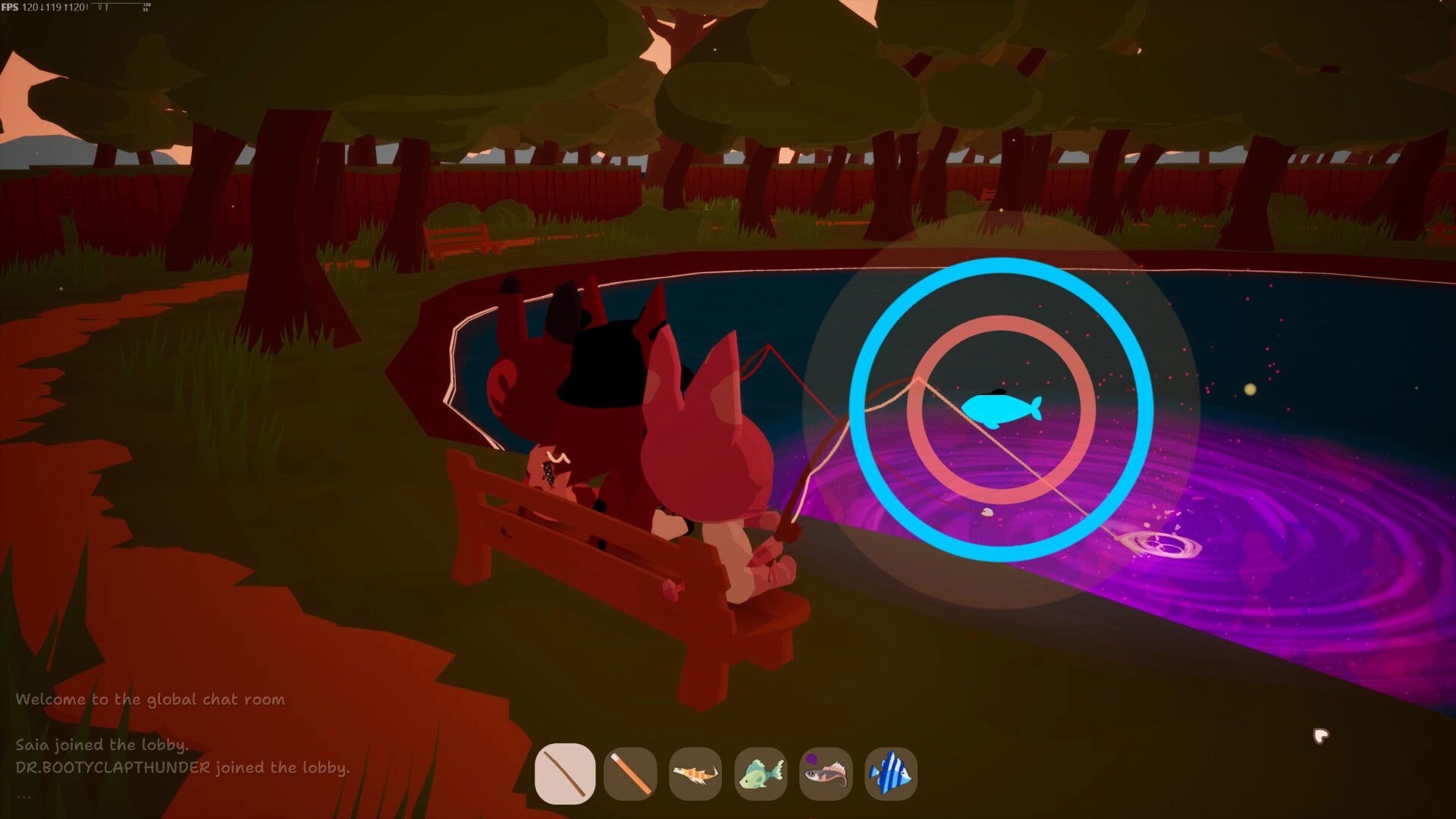 Rift Fishing: Two characters fishing by a glowing rift pond, surrounded by trees and chatroom interface.