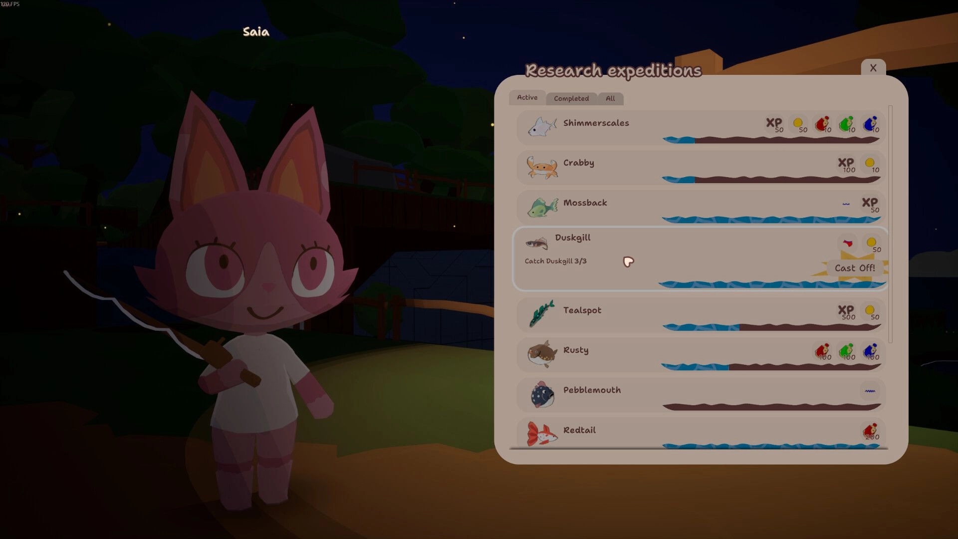 Rift Fishing: Character Saia with fishing rod next to research expeditions menu at night in forest setting