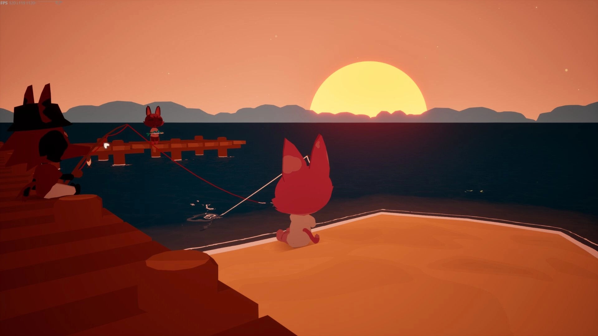 Rift Fishing: Characters peacefully fishing at sunset from a wooden dock over a calm ocean.