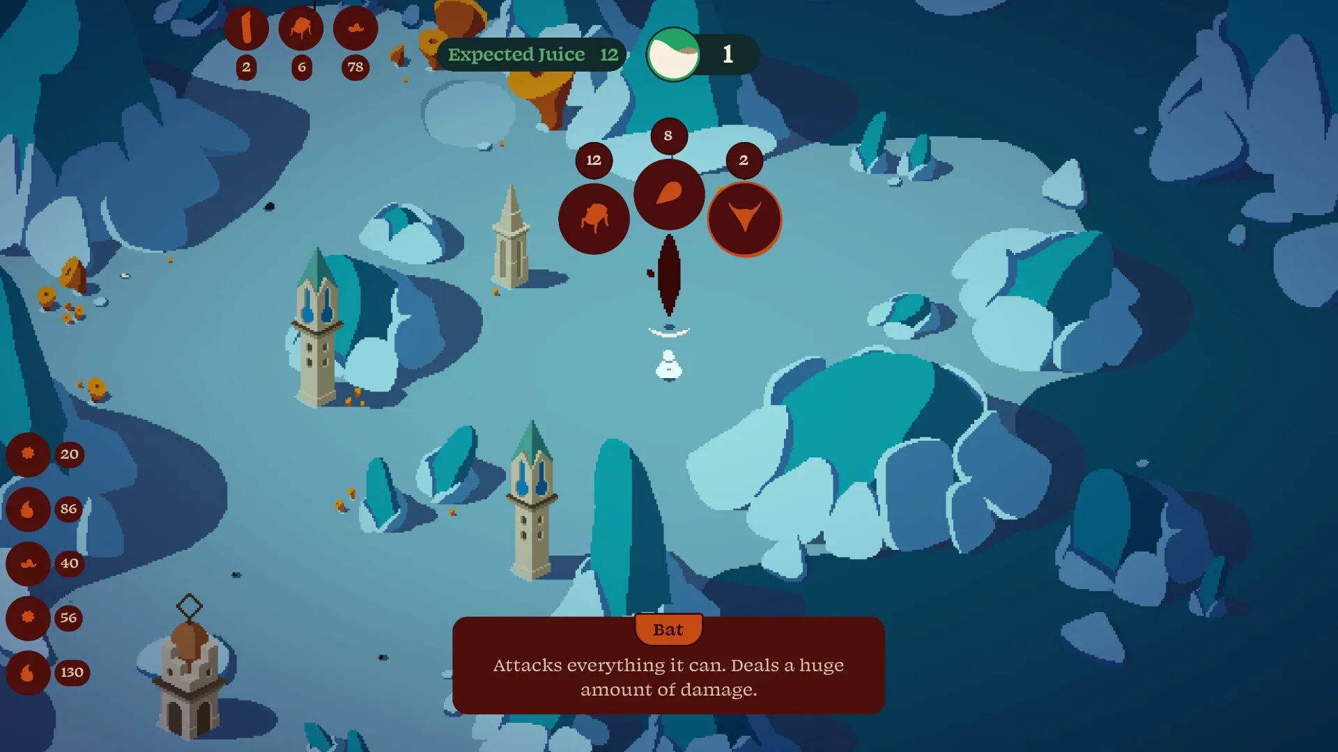 Rift Riff: Tower defense gameplay with enemy selection icons in icy landscape and resource indicators