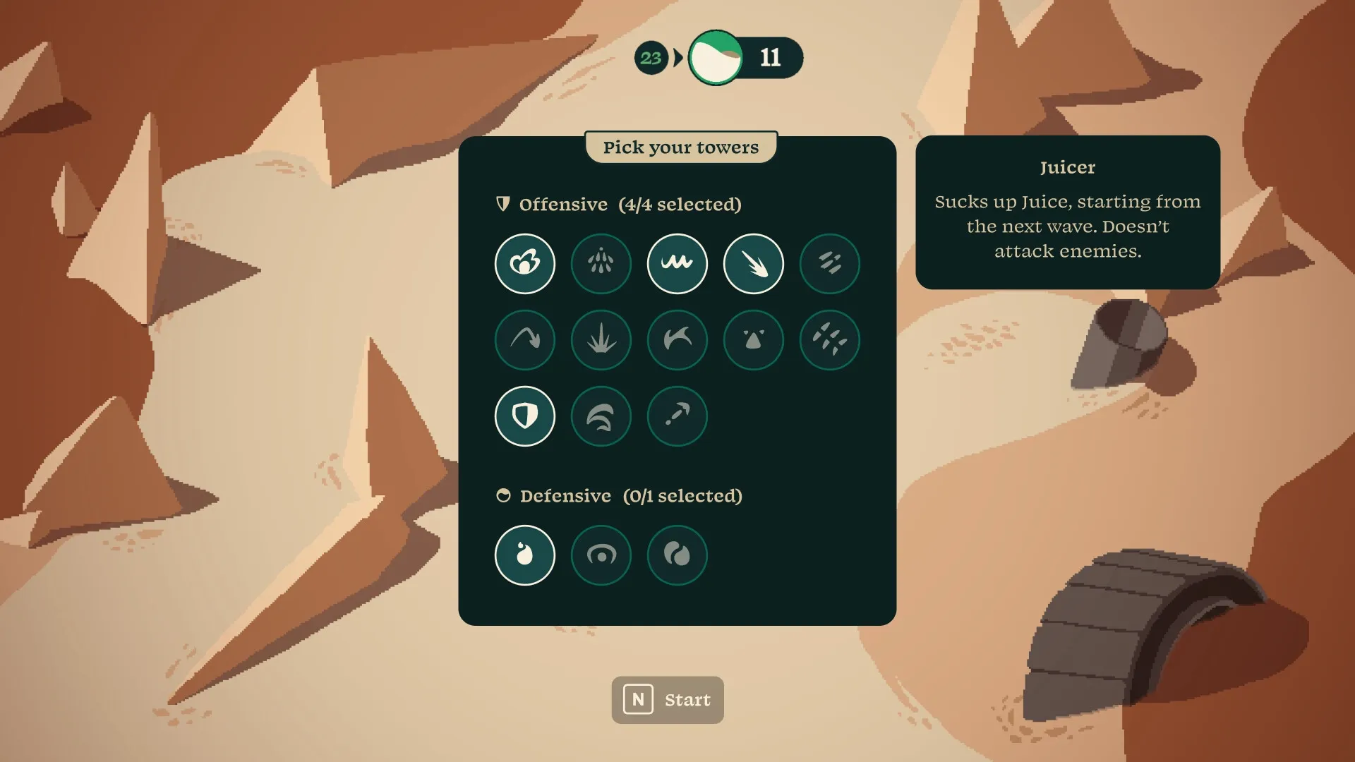 Rift Riff: Tower selection menu with offensive and defensive options in a desert-themed environment.
