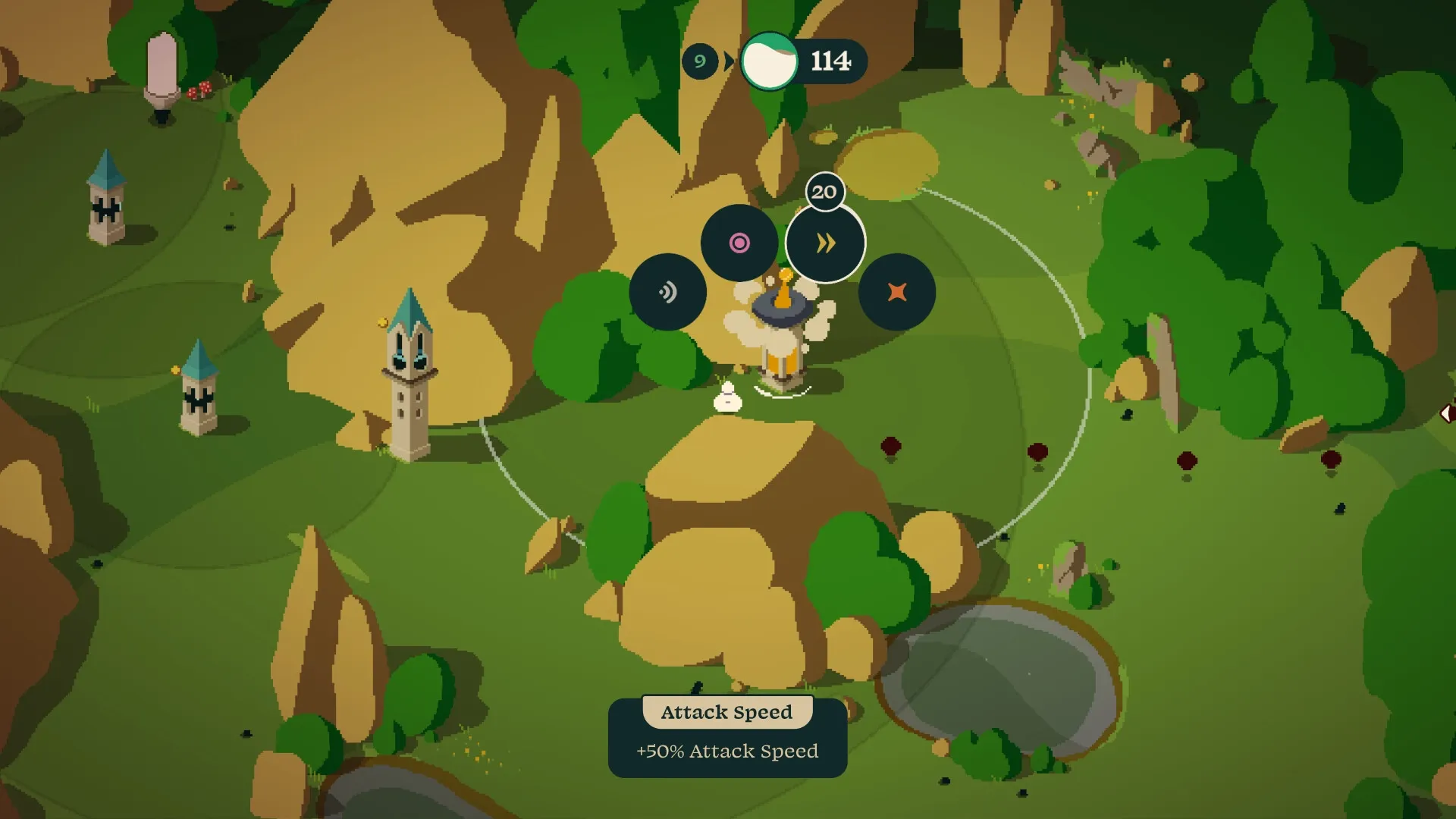 Rift Riff: Tower upgrade menu in a lush open field with enemy path and resource counters visible