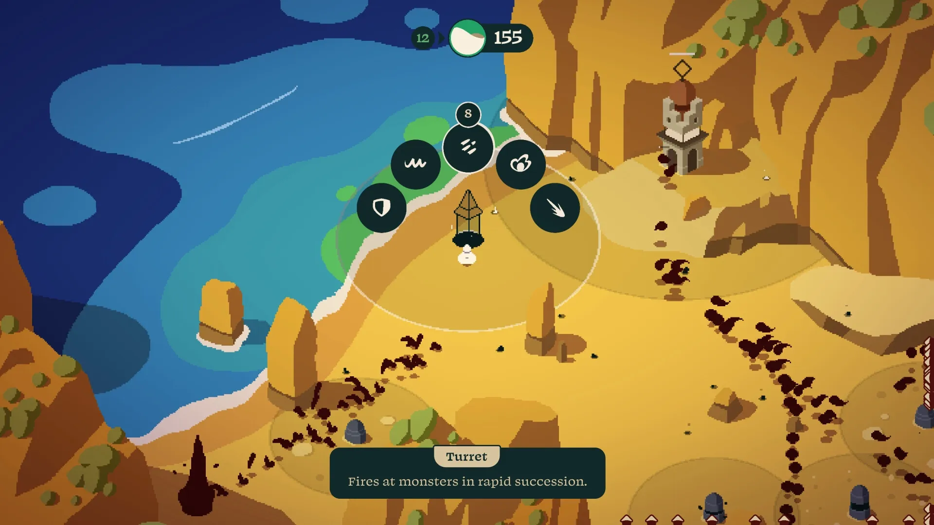 Rift Riff: Defense turret selection menu in a beachside canyon setting with enemy paths visible