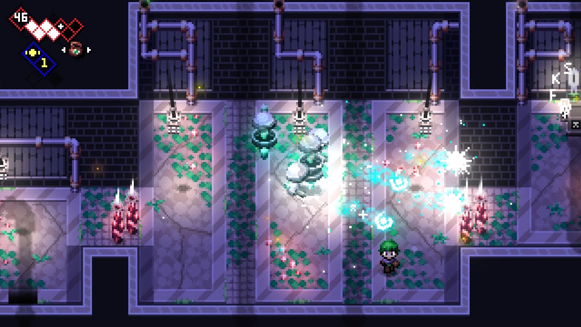Rifted Worlds: Green-hooded hero dodges glowing projectiles in a pipe-lined stone dungeon corridor.
