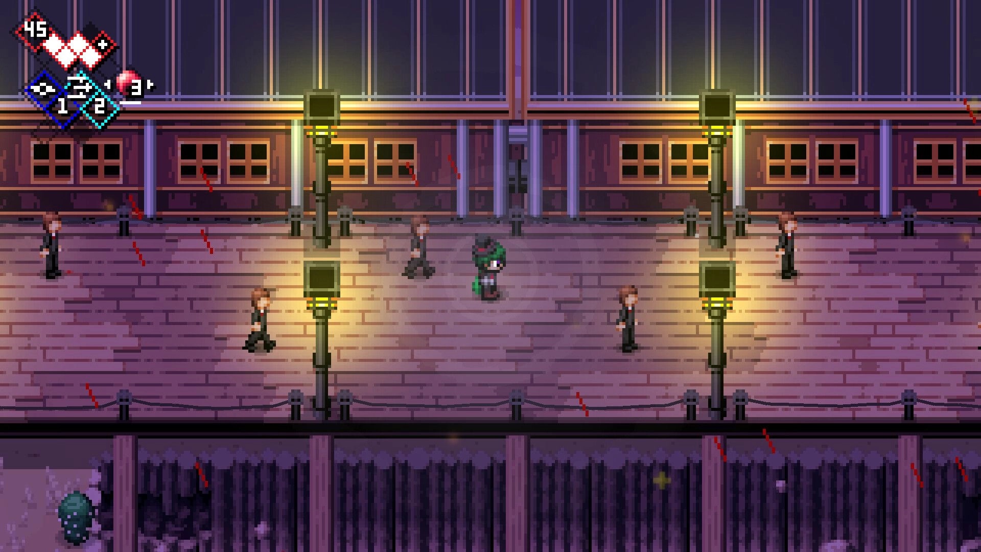 Rifted Worlds: Player stands on a lit dock with NPCs nearby, HUD icons and health in corner.