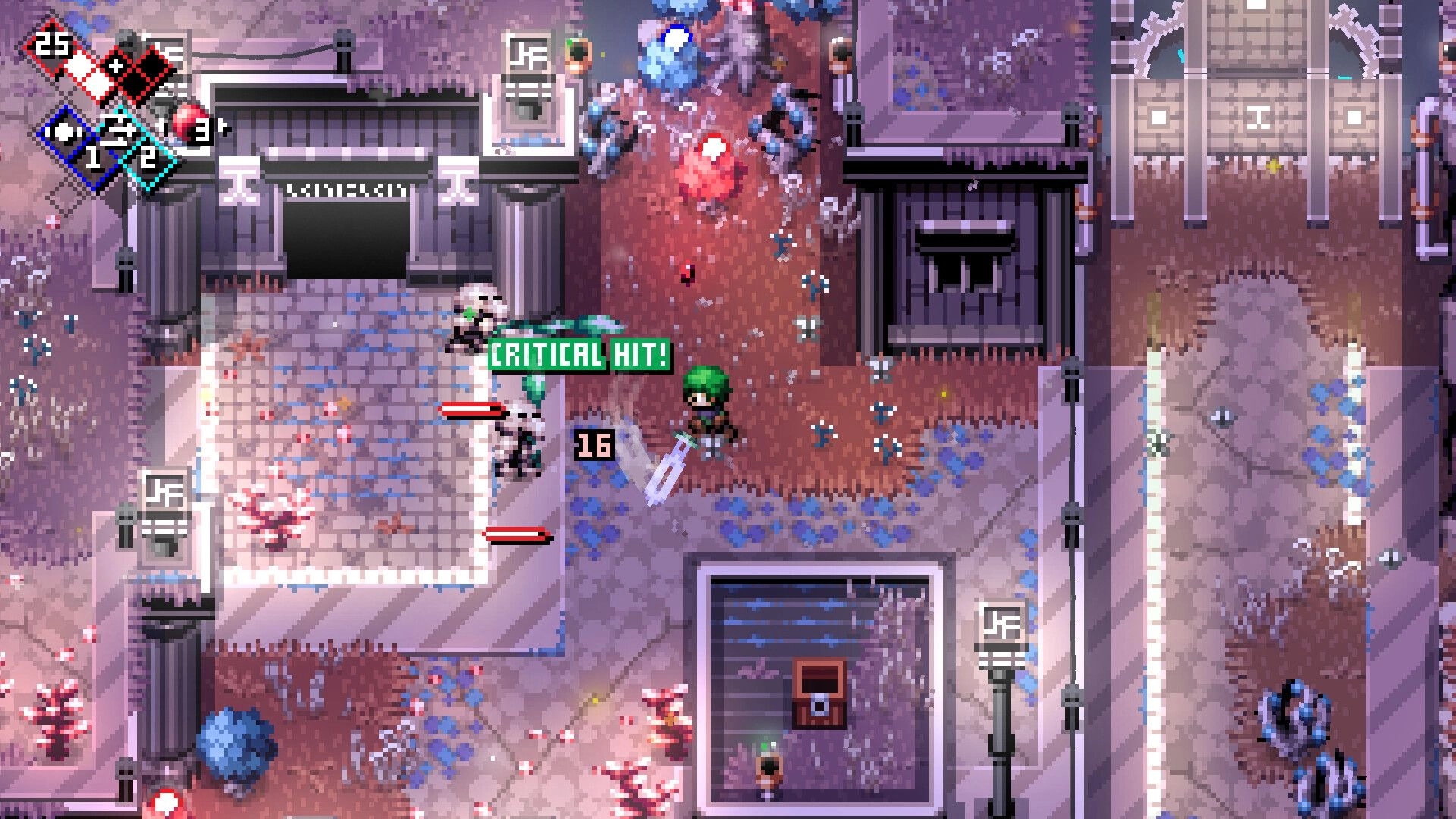 Rifted Worlds: Green-haired hero lands a critical hit on foes in a top-down ruined city street arena.