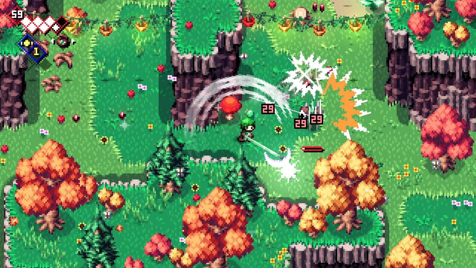 Rifted Worlds: Hero slashes enemies for 29 damage in grassy cliff clearing with hearts and item UI.