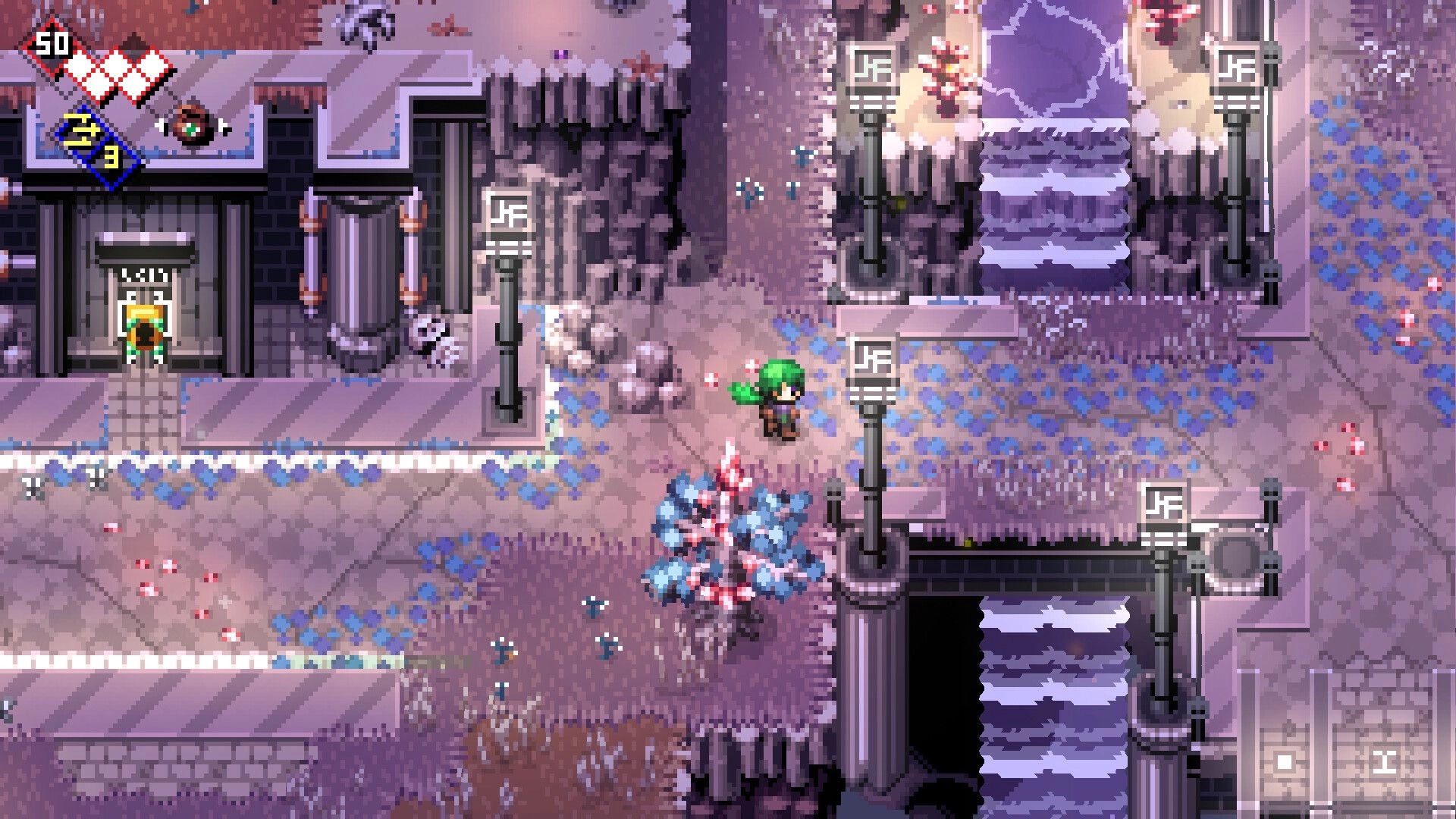 Rifted Worlds: Green-haired hero explores ruined stone platforms with stairs, lamps, and hearts UI.