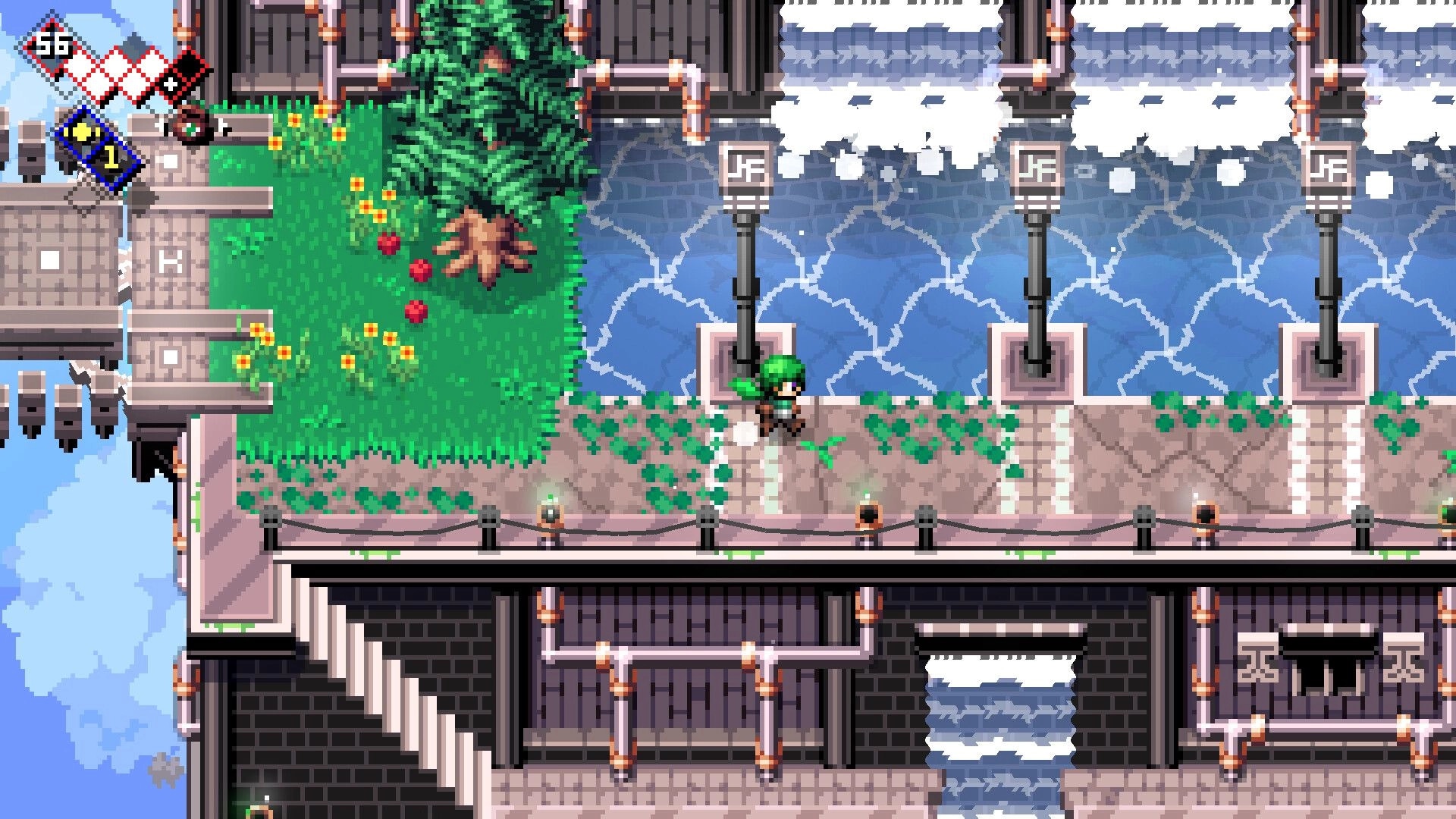 Rifted Worlds: Green-haired hero walks a stone bridge by waterfalls and lamps, HUD hearts visible.