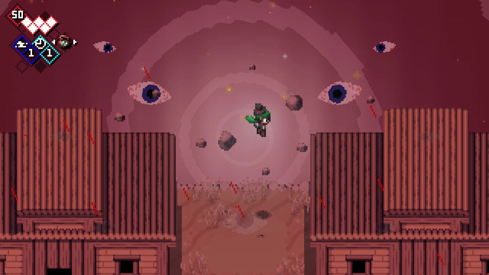 Rifted Worlds: Player stands amid floating rocks and giant eyes, UI hearts and icons in corner.