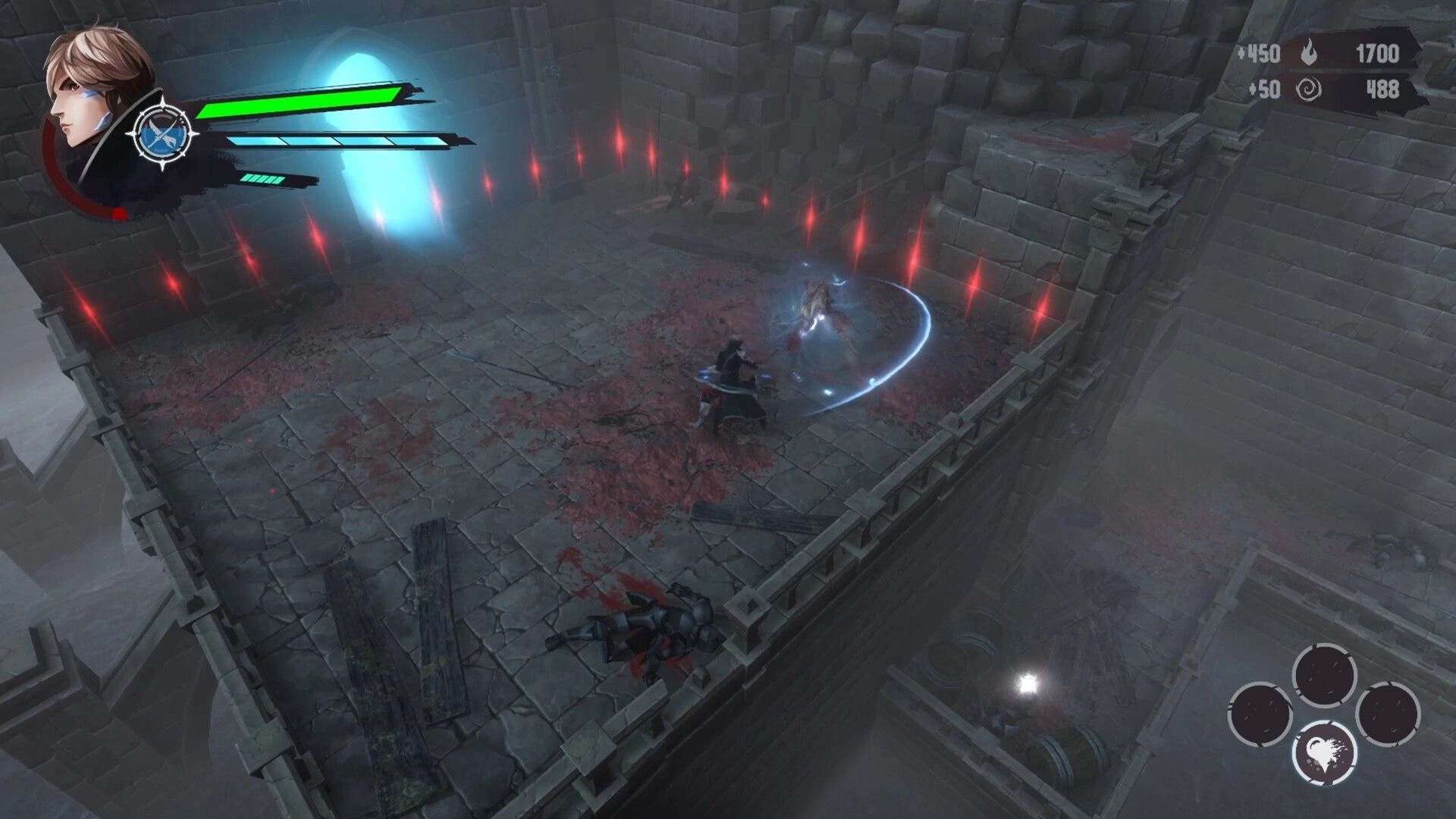 Ringash: Warrior duels a glowing enemy inside a blue ring with health bars in a stone arena room.