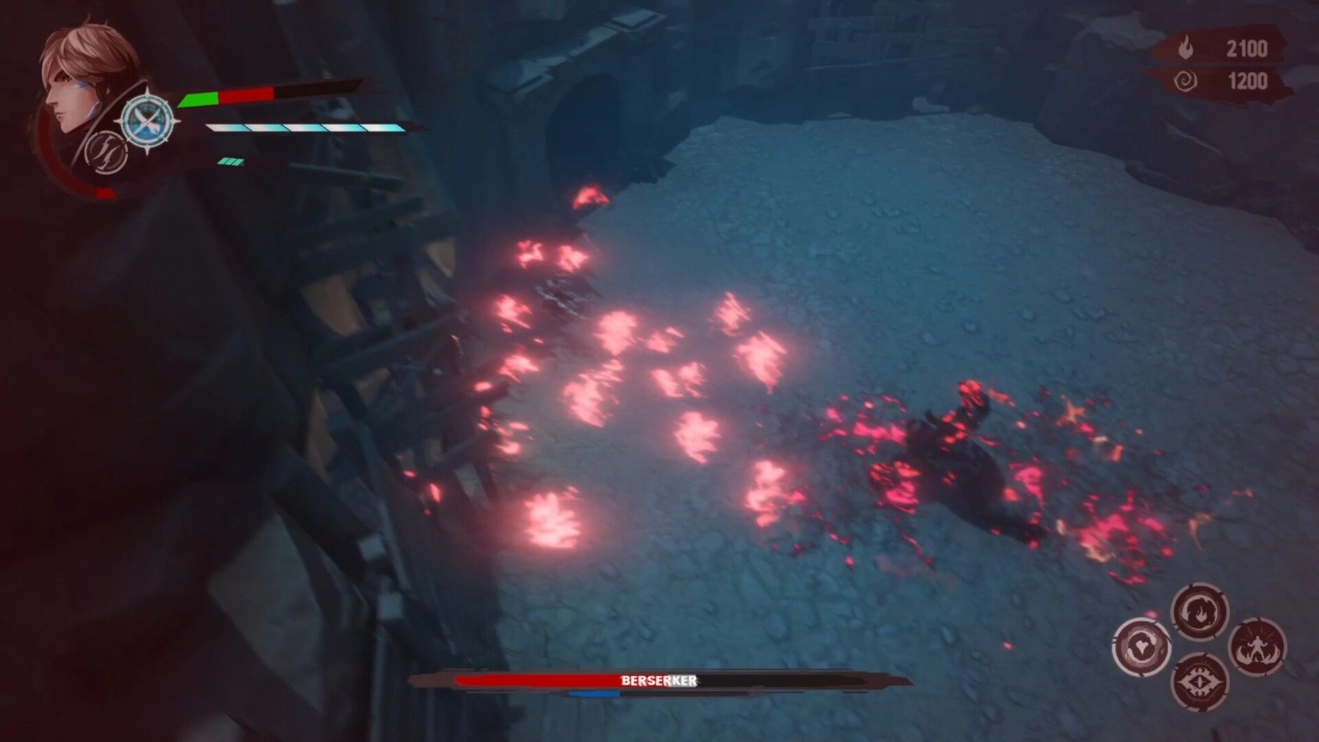 Ringash: Boss fight UI with Berserker health bar and fiery ground effects in a rocky arena.