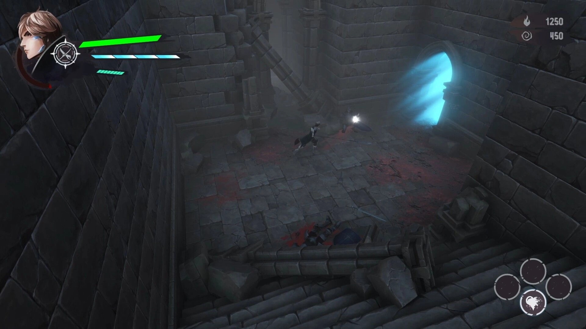 Ringash: Warrior runs toward a glowing blue portal in a ruined stone corridor with HUD bars visible.