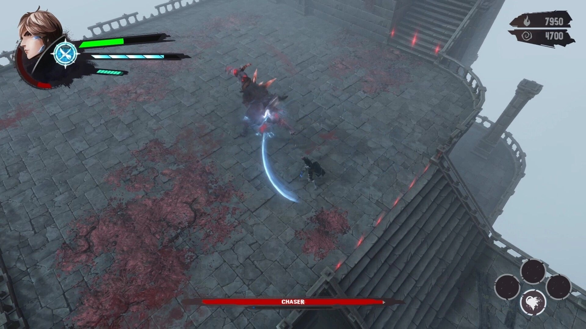 Ringash: Player slashes horned boss Chaser on round stone rooftop arena with health and skill UI.