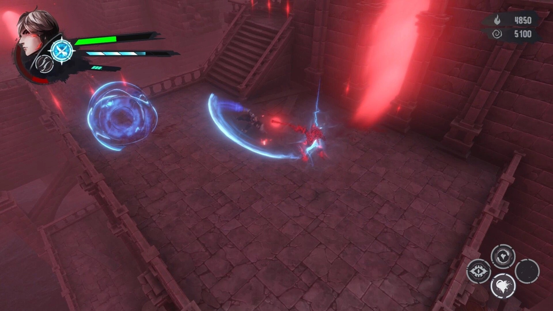 Ringash: Warrior slashes a red enemy with blue arc, HUD bars and skills in a dark stone hall.