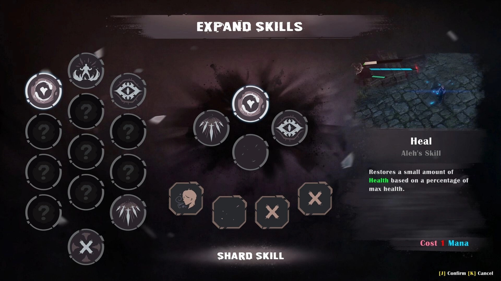 Ringash: Expand Skills menu with skill tree nodes and Heal skill description over gameplay backdrop.
