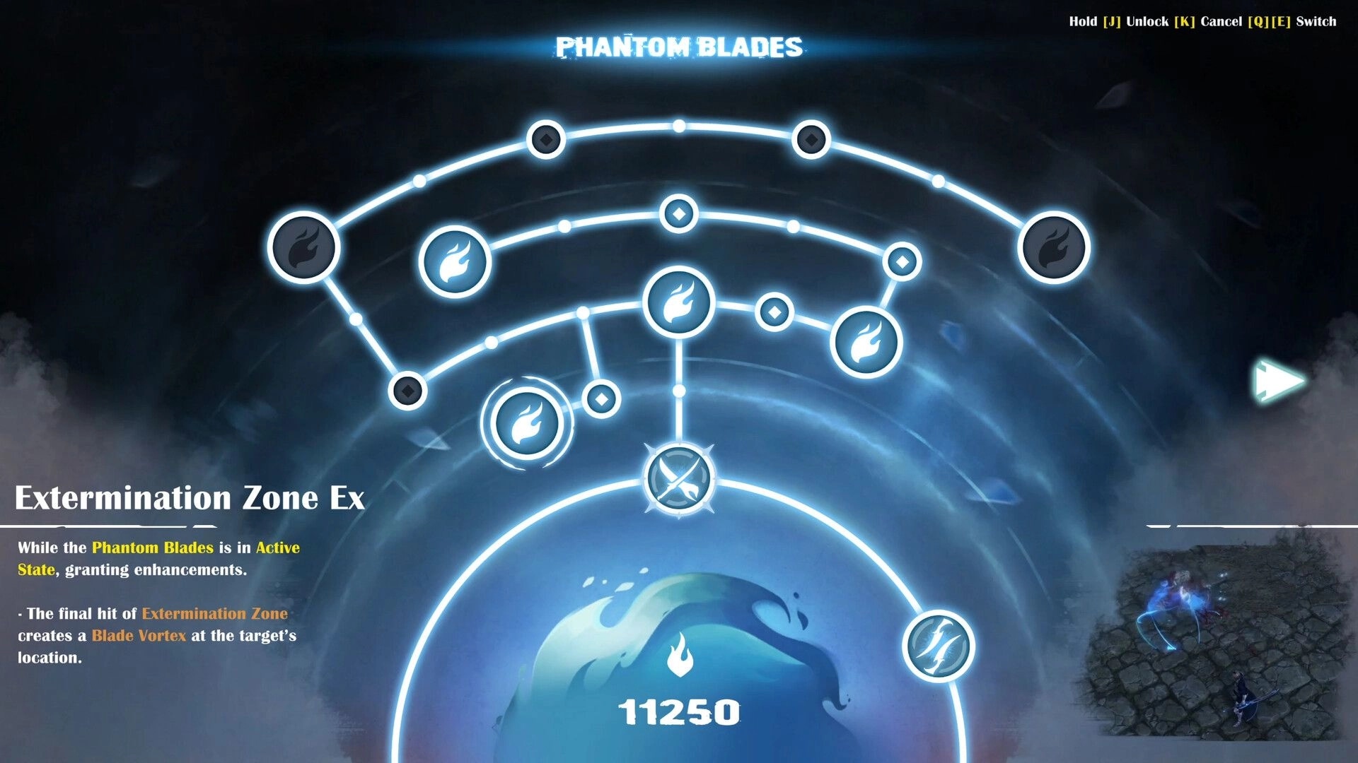 Ringash: Phantom Blades skill tree with Extermination Zone Ex nodes on a blue arcane UI screen.
