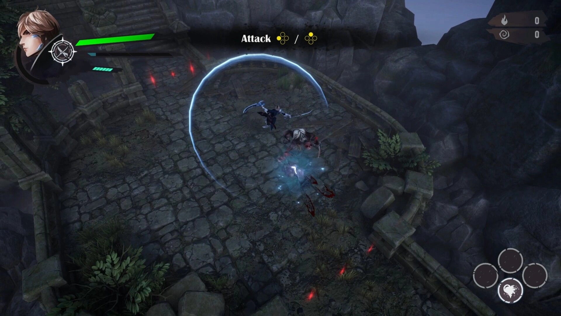 Ringash: Warrior slashes a beast with a blue arc effect on a ruined stone bridge arena with HUD.