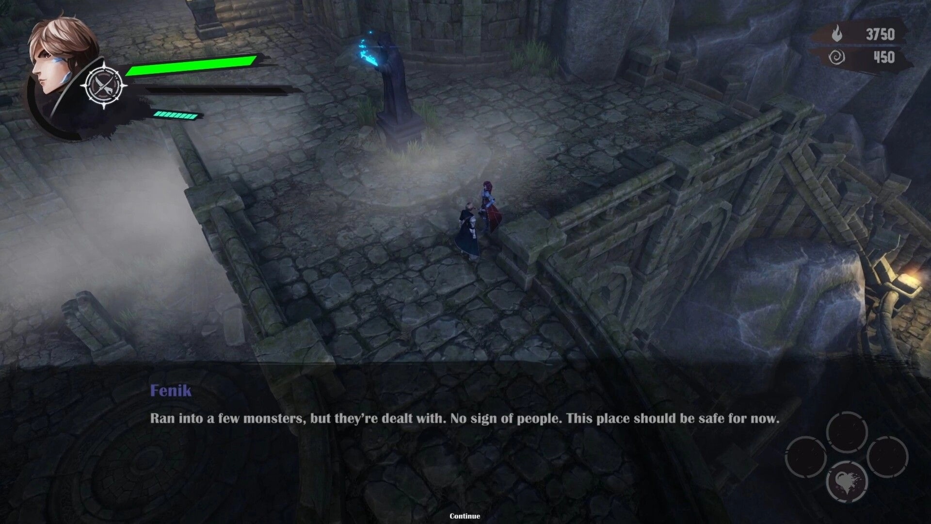 Ringash: Two heroes pause by a glowing blue shrine with dialogue UI on a foggy stone bridge ruins.