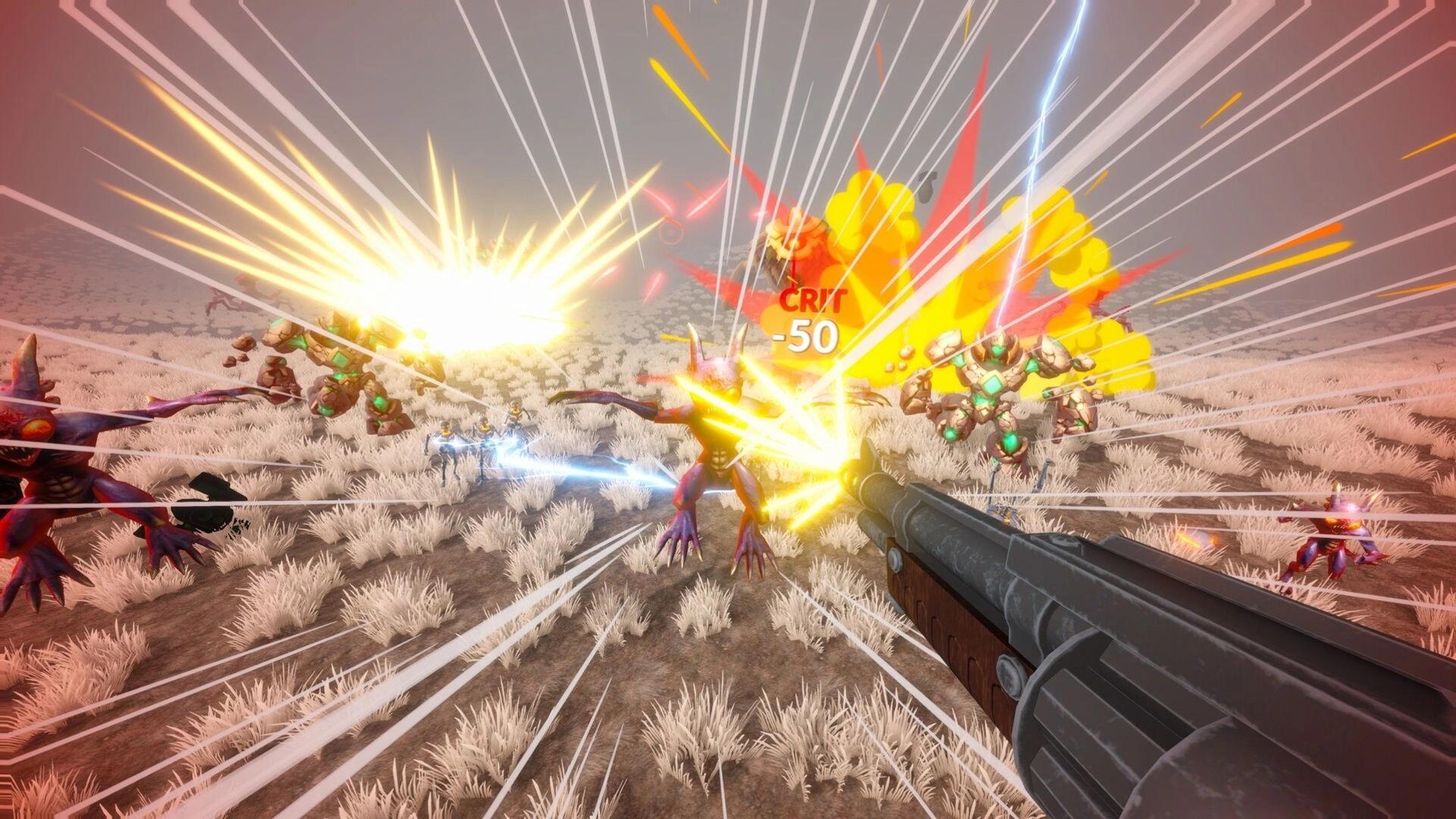 RIPCORE: Shotgun blast hits a demon with CRIT -50 pop-up amid explosions on a barren field.