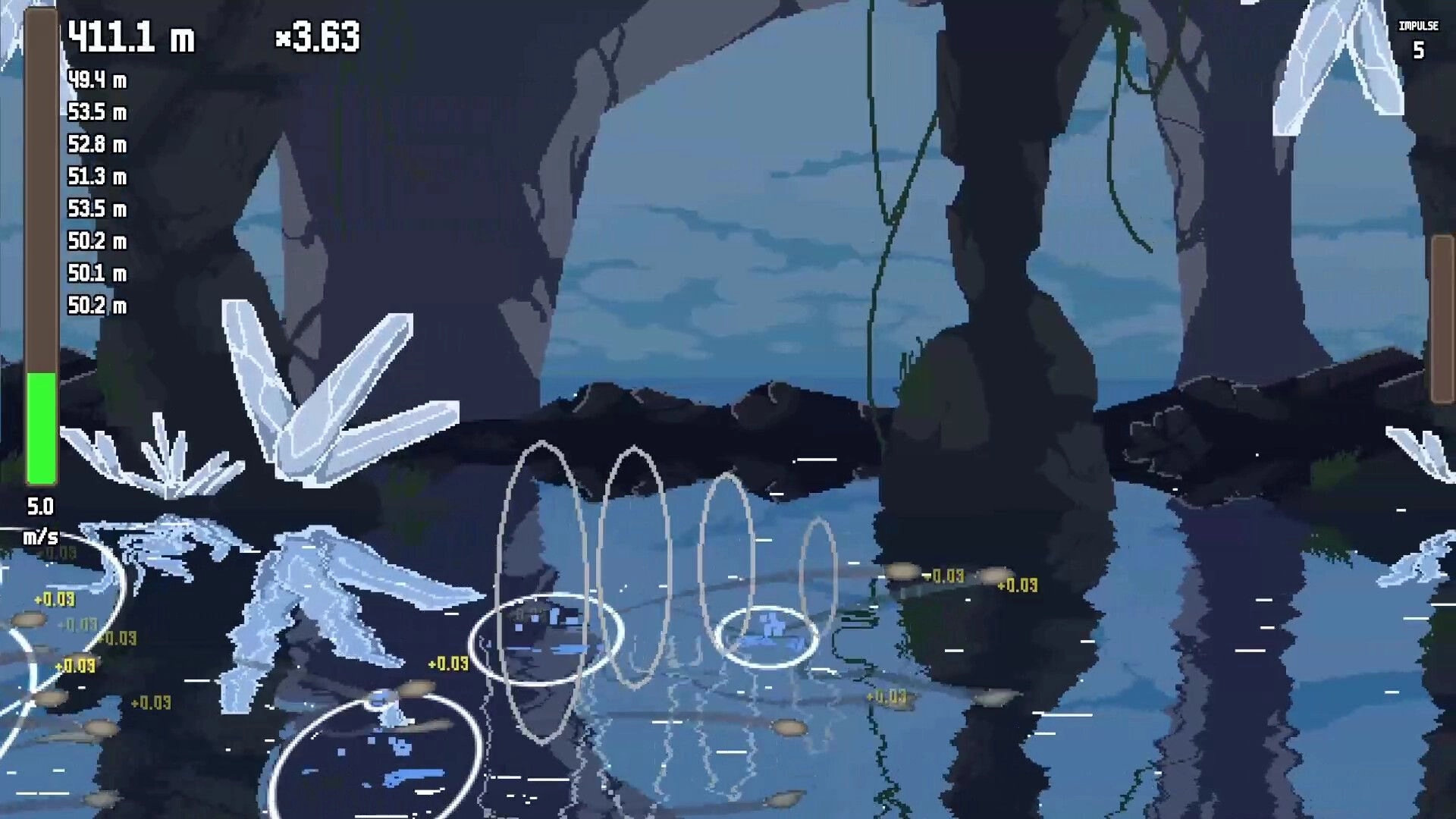 RippleLoop: Stone skipping ripple rings on cave lake, distance and multiplier UI with impulse meter visible.