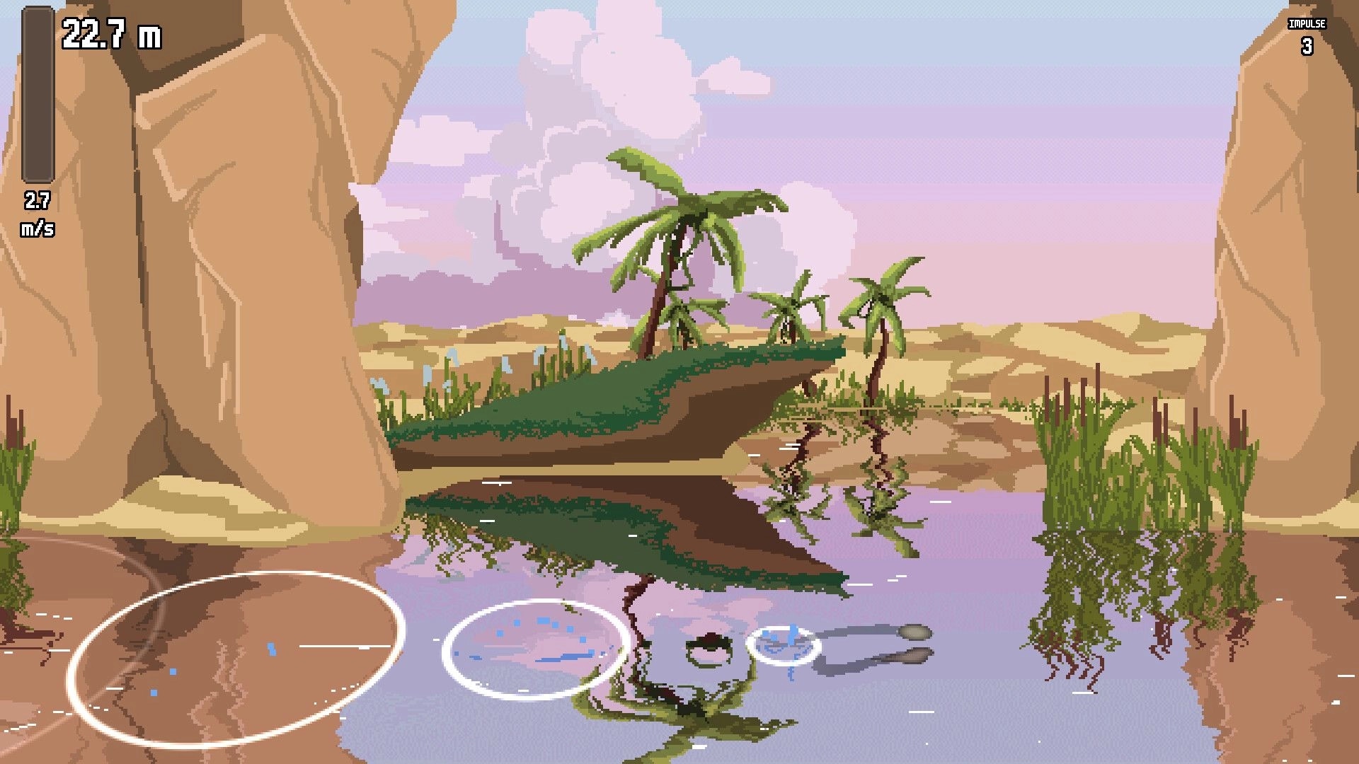 RippleLoop: Stone skipping ripples and distance meter UI over calm desert oasis with palms and cliffs.